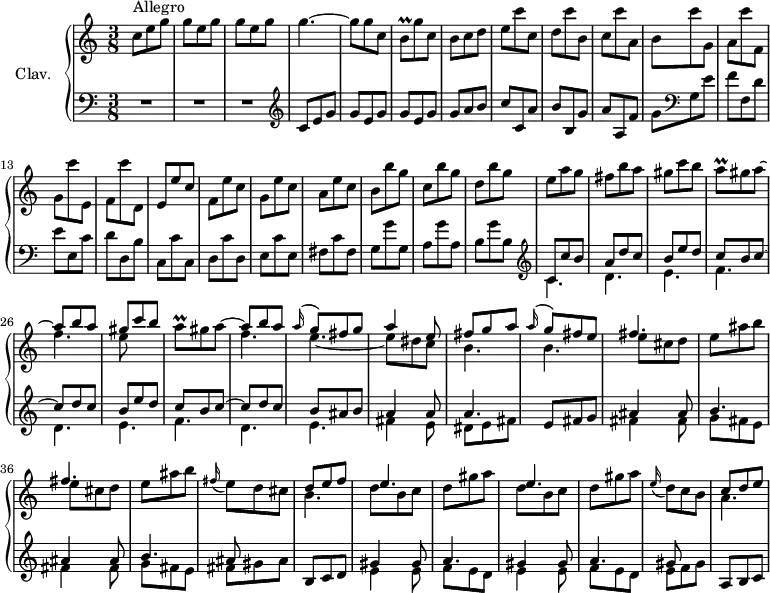 
\version "2.18.2"
\header {
  tagline = ##f
  % composer = "Domenico Scarlatti"
  % opus = "K. 157"
  % meter = "Allegro"
}

%% les petites notes
trillBq     = { \tag #'print { b8\prall } \tag #'midi { c32 b c b } }
trillAq     = { \tag #'print { a8\prall } \tag #'midi { b32 a b a } }

upper = \relative c'' {
  \clef treble 
  \key c \major
  \time 3/8
  \tempo 4. = 82
  \set Staff.midiInstrument = #"harpsichord"
  \override TupletBracket.bracket-visibility = ##f

      s8*0^\markup{Allegro}
      c8 e g | \repeat unfold 2 { g e g } | g4.~ | g8 g c, | \trillBq g'8 c, | b c d | e c' c, |
      % ms. 9
      d8 c' b, | c c' a, | b c' g, | a c' f,, | g c' e,, | f c'' d,, | e e' c | f, e' c |
      % ms. 17
      g8 e' c | a e' c | b b' g | c, b' g | d b' g | e a g | fis b a | gis c b |
      % ms. 25
      << { \stemDown \trillAq gis a~ \stemUp | a8 b a | gis c b | \stemDown \trillAq gis a~ \stemUp | a8 b a | \appoggiatura a16 g8 fis g | a4 e8 | fis g a } 
      \\ { s4. f4. | e8 s4 | s4. | f4. | e~ | e8 dis c | b4. } >>
      % ms. 33
      << { \appoggiatura a'16 g8 fis e } \\ { b4. } >>
      \repeat unfold 2 { << { fis'4. } \\ { e8 cis d | e ais b } >> } | \appoggiatura fis16 e8 d cis | << { d8 e f | e4. } \\ { b4. | d8 b c } >>
      % ms. 41
      d8 gis a | << { e4. } \\ { d8 b c } >> | d8 gis a | \appoggiatura e16 d8 c b | << { c8 d e } \\ { a,4. } >>
      % ms. 49
      

}

lower = \relative c' {
  \clef bass
  \key c \major
  \time 3/8
  \set Staff.midiInstrument = #"harpsichord"
  \override TupletBracket.bracket-visibility = ##f

    % ************************************** 
      R4.*3 |   \clef treble  c8 e g | \repeat unfold 2 { g e g } | g a b | c c, a' |
      % ms. 9
      b8 b, g' | a a, f' | g   \clef bass g, e' | f f, d' | e e, c' | d d, b' | c, c' c, | d c' d, |
      % ms. 17
      e8 c' e, | fis c' fis, | g g' g, | a g' a, | b g' b, |  \clef treble << { c8 c' b | a d c | b e d } \\ { \mergeDifferentlyDottedOn c,4. d e } >>
      % ms. 25
      << { c'8 b c~ | c d c | b e d | c b c~ | c d c | b ais b | a4 a8 | a4. } 
      \\ { f4. d e | f d e | fis4 e8 | dis8 e fis |  } >>
      % ms. 33
      e8 fis g |
      << { \repeat unfold 2 { ais4 ais8 | b4. } ais8 } \\ { \repeat unfold 2 { fis4 fis8 | g fis e } |
      fis8 gis ais } >> | b,8 c d | 
      % ms. 40
      \repeat unfold 2 { << { gis4 gis8 | a4.  } \\ { e4 e8 | f e d } >> } | << { gis8 } \\ { e8 f gis } >>  | a,8 b c 
      % ms. 49
      

}

thePianoStaff = \new PianoStaff <<
    \set PianoStaff.instrumentName = #"Clav."
    \new Staff = "upper" \upper
    \new Staff = "lower" \lower
  >>

\score {
  \keepWithTag #'print \thePianoStaff
  \layout {
      #(layout-set-staff-size 17)
    \context {
      \Score
     \override SpacingSpanner.common-shortest-duration = #(ly:make-moment 1/2)
      \remove "Metronome_mark_engraver"
    }
  }
}

\score {
  \keepWithTag #'midi \thePianoStaff
  \midi { }
}

