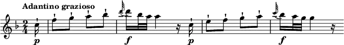 \relative c' {
\version "2.18.2"
\key f \major
\time 2/4
\tempo "Adantino grazioso"
\tempo 4 = 50
\partial 4 \partial 8 \partial 16 c'16\p-! f8-! g-! a-! bes-!
\grace d32 (d16)\f bes32 a a4 r16 c,16-!\p
e8-! f-! g-! a-!
\grace c32 (bes16)\f a32 g g4 r16
}