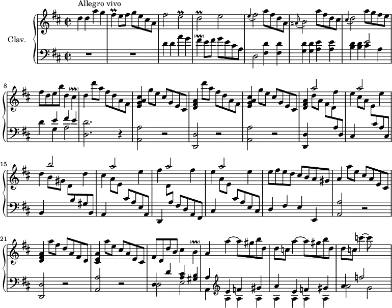 \version "2.18.2"
\header {
tagline = ##f
}
%% les petites notes
trillFis = { \tag #'print { fis4\prall } \tag #'midi { g32 fis g fis~ fis8 } }
% trillFisdUp = { \tag #'print { fis'2\prall } \tag #'midi { g32 fis g fis~ fis8~ fis4 } }
trillEd = { \tag #'print { e2\prall } \tag #'midi { fis32 e fis e~ e8~ e4 } }
trillDd = { \tag #'print { d2\prall } \tag #'midi { e32 d e d~ d8~ d4 } }
trillFAppo = { \tag #'print { \appoggiatura e4 fis2 } \tag #'midi { e4 fis4 } }
trillDAppo = { \tag #'print { \appoggiatura cis4 d2 } \tag #'midi { cis4 d4 } }
upper = \relative c'' {
\clef treble
\key d \major
\time 2/2
\tempo 2 = 76
\set Staff.midiInstrument = #"harpsichord"
\override TupletBracket.bracket-visibility = ##f
s8*0^\markup{Allegro vivo}
d4 d a' g | \trillFis e8 fis g e cis a | fis'2 \trillEd | \trillDd e2 | \trillFAppo a8 fis d a |
% ms. 6
\appoggiatura ais8 b2 a'8 fis d cis | \trillDAppo a'8 g fis e | fis d e b' | d,4 cis-\parenthesize\prall | d4 \repeat unfold 2 { d'8 a fis d a fis | < e g a cis >4 g'8 e cis g e cis |
% ms. 13
< d fis a >4 } \stemUp a''2 \stemDown fis4 | e \stemUp a2 \stemDown e4 d | \stemUp b'2 \stemDown d,4 |
% ms. 16
cis4 \stemUp a'2 \stemDown e4 | fis \stemUp a2 \stemDown fis4 | e \stemUp a2 \stemDown e4 | \stemNeutral e8 fis e d cis b a gis | a4 a'8 e cis a e cis |
% ms. 21
< d fis a >4 a''8 fis d a fis d | < cis e a >4 a''8 e cis a e cis | fis d d' b cis4 b4-\parenthesize\prall | \stemNeutral a4 \repeat unfold 2 { a'4~ a8 gis b d, | d c }
% ms. 26 suite
c'4~ c8
}
lower = \relative c' {
\clef bass
\key d \major
\time 2/2
\set Staff.midiInstrument = #"harpsichord"
% **************************************
R1*2 | d4 d a' g | fis-\parenthesize\prall e8 fis g e cis a | d,2 < fis d' >4 q |
% ms. 6
< g d' >4 q < a e' > q | < b d > q << { e2 s4 e4 fis e } \\ { cis4 a | d g, a2 } >> < d, d' >2. r4 | < a a' >2 r2 |
% ms. 11
< d, d' >2 r2 | < a' a' >2 r2 |
% ms. 13
< d, d' >4 \stemDown \change Staff = "upper" d'''8 a fis d \stemUp \change Staff = "lower" a8 d, |
cis4 \stemDown \change Staff = "upper" cis''8 a e \stemUp \change Staff = "lower" cis8 a cis, |
b4 \stemDown \change Staff = "upper" b''8 gis d \stemUp \change Staff = "lower" b8 gis b, |
% ms. 16
a4 \stemDown \change Staff = "upper" a''8 e \stemUp \change Staff = "lower" cis8 a e a, |
d,4 \stemDown \change Staff = "upper" d''8 \stemUp \change Staff = "lower" a fis d a fis |
cis'4 \stemDown \change Staff = "upper" a''8 e \stemUp \change Staff = "lower" cis8 a e cis |
d4 fis e e, | < a a' >2 r2
% ms. 21
< d, d' >2 r2 | < a' a' >2 r2 | << { d4 d' < a cis > < gis b > | a4 \clef treble \repeat unfold 2 { e'4 f gis | a } f'2 } \\ { d,,2 e | a,4 \repeat unfold 7 { a' } a'2 g } >>
% ms. 26
}
thePianoStaff = \new PianoStaff <<
\set PianoStaff.instrumentName = #"Clav."
\new Staff = "upper" \upper
\new Staff = "lower" \lower
>>
\score {
\keepWithTag #'print \thePianoStaff
\layout {
#(layout-set-staff-size 17)
\context {
\Score
\override SpacingSpanner.common-shortest-duration = #(ly:make-moment 1/2)
\remove "Metronome_mark_engraver"
}
}
}
\score {
\keepWithTag #'midi \thePianoStaff
\midi { }
}