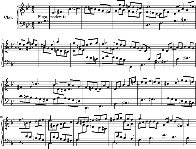 \version "2.18.2"
\header {
tagline = ##f
}
temaCrossK = { \change Staff = "lower" g,4. bes \change Staff = "upper" ees fis bes cis d8 c! bes a g fis }
tema = { g,4. bes ees fis bes cis d8 c! bes a g fis }
temaCr = { g,4. bes ees fis bes }
comesCrossK = { d4. f bes cis \stemDown \change Staff = "upper" f gis a8 g f e d cis }
comes = { d,4. f bes cis f gis a8 g f e d cis }
upper = \relative c'' {
\clef treble
\key g \minor
\time 6/8
\tempo 4. = 60
\set Staff.midiInstrument = #"harpsichord"
\change Staff = "upper" s16*0^\markup{Fuga, moderato}
\temaCrossK << { g8 g' f e d cis | d4. } \\ { s8 bes8 a g f e | f e d~ d a'f } >> | \stemUp d8 g bes4 a8 e'~ |
% ms. 8
e8 d f4 e8 d | cis4 d8 g4. | f8 b, c d ees f | << { \mergeDifferentlyDottedOn ees4.~ ees8 d c } \\ { ees8 g, fis g4. } >> | bes8 a g~ g d \change Staff = "lower" bes g8 c \change Staff = "upper" ees4 d8 a'~ |
% ms. 14
a8 g bes4 a8 g fis4 g8 c4. | << { bes4.~ bes8 a g } \\ { bes8 d, cis d4. } >> | f8 e d~ d a' f | d8 g bes4 a8 e'~ | e d f4 e8 d |
% ms. 20
cis4 d8 g f e | << { f4. s4. ees } \\ { f8 b,c d ees f | ees8 fis, g a bes c } >> | bes8 cis d e fis g | fis g a << { d,8 g fis | g4. } \\ { d8 g, a bes c d~ d d bes } >> |
% ms. 26
g8 c ees4 d8 fis, | g4.
}
lower = \relative c {
\clef bass
\key g \minor
\time 6/8
\set Staff.midiInstrument = #"harpsichord"
% *****************************
s2.*5 \comesCrossK d8 f ees \change Staff = "lower" d c b | c ees d c bes a |
% ms. 12
\tema | g bes a g f e |
% ms. 16
\comes
% ms. 21
<< { d8 d' c b a g | c, c' bes a g fis | g \stemDown \change Staff = "upper" g' f e d cis | \stemUp \change Staff = "lower" d,8 d' c bes4 a8 } \\ { \mergeDifferentlyDottedOn d,4. s4. c4. s4. g'4. s4. d4. } >> | g4. bes |
% ms. 26
ees4. c | bes8
}
thePianoStaff = \new PianoStaff <<
\set PianoStaff.instrumentName = #"Clav."
\new Staff = "upper" \upper
\new Staff = "lower" \lower
>>
\score {
\keepWithTag #'print \thePianoStaff
\layout {
#(layout-set-staff-size 17)
\context {
\Score
\override SpacingSpanner.common-shortest-duration = #(ly:make-moment 1/2)
\remove "Metronome_mark_engraver"
}
}
}
\score {
\keepWithTag #'midi \thePianoStaff
\midi { }
}