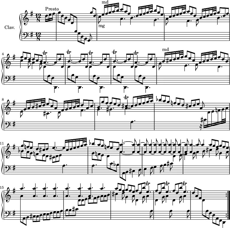 \version "2.18.2"
\header {
tagline = ##f
% composer = "Domenico Scarlatti"
% opus = "K. 14"
% meter = "Presto"
}
%% les petites notes
trillAp = { \tag #'print { a4.\trill~ } \tag #'midi { b32 a b a~ a4~ } }
trillApUp = { \tag #'print { a'4.\trill~ } \tag #'midi { b32 a b a~ a4~ } }
trillBpUp = { \tag #'print { b'4.\trill~ } \tag #'midi { c32 b c b~ b4~ } }
trillCisp = { \tag #'print { cis4.\trill~ } \tag #'midi { d32 cis d cis~ cis4~ } }
trillEpDown = { \tag #'print { e,4.\trill } \tag #'midi { fis32 e fis e~ e4 } }
upper = \relative c'' {
\clef treble
\key g \major
\time 12/8
\tempo 4. = 92
\set Staff.midiInstrument = #"harpsichord"
\override TupletBracket.bracket-visibility = ##f
\omit TupletNumber
\repeat volta 2 {
\partial 8
s8*0^\markup{Presto}
\times 2/3 { d16 e fis } | g8 d b g d \stemUp \change Staff = "lower" b \change Staff = "upper" s4. s8 g''8 d | s8 e16^\markup{md} fis g a32 b c8 a fis s8 d16 e fis g32 a b8 g e |
% ms. 3
s8 c16 d e fis32 g a8 fis d s8 b16 c d e32 fis g8 d fis | fis8 e d d c b \trillAp a8 d d, | \repeat unfold 2 { \trillBpUp b8 d d, \trillApUp a8 d d, } |
% ms. 7
s8 b'16^\markup{md} cis d e32 fis g8 e cis s8 a16 b cis d32 e fis8 d b | s8 g16 a b cis32 d e8 cis a s8 fis16 g a b32 cis d8 a cis
% ms. 9
b8 g' fis~ fis e d \trillCisp cis8 d16 e fis g32 a | bes8 a g f e d cis d e a, s4 | g'8 f e d cis d e4.~ e16 cis d e f g32 a |
% ms. 12
<< { bes8 a g f e d } \\ { g,8 f e } >> \mergeDifferentlyDottedOn < a a' >4.~ q8 \repeat unfold 5 { q4~ q8 } | < a a' >4~ a'8 a4 a8 g fis g fis e | a4. \repeat unfold 6 { < a, a' >4. } a'4.a8 g fis g fis e \repeat unfold 3 { fis d b' \trillEpDown } | d8 a fis s4.*2 s4 }%reprise
}
lower = \relative c' {
\clef bass
\key g \major
\time 12/8
\set Staff.midiInstrument = #"harpsichord"
\override TupletBracket.bracket-visibility = ##f
\omit TupletNumber
\repeat volta 2 {
% ************************************** \appoggiatura a8 \repeat unfold 2 { } \times 2/3 { } \omit TupletNumber
s8 s2. g8 d b g s4 | \stemDown \change Staff = "upper" c''8-\markup{mg} s4 a4. b4. g |
% ms. 3
a8 s4 fis4. g8 s4 b4. | c4 b8 a4 g8 d \change Staff = "lower" a fis d,4. | \repeat unfold 2 { \stemDown \change Staff = "upper" d''8 \change Staff = "lower" b g d,4. | \stemDown \change Staff = "upper" d''8 \change Staff = "lower" a fis d,4. }
% ms. 7
\stemDown \change Staff = "upper" g''8 s4 e4. fis8 s4 d4. | e8 s4 cis4. d8 s4 fis4. |
% ms. 9
g4. gis a \change Staff = "lower" a, | s4.*3 r16 cis16 \stemDown \change Staff = "upper" d e f g32 a | bes8 a g f e d cis d e \change Staff = "lower" a,4. |
% ms. 12
a4. \stemDown \change Staff = "upper" d8 \change Staff = "lower" c bes \stemDown \change Staff = "upper" a'8 \change Staff = "lower" a,, b cis4 d8 | e4 fis8 g4 a8 b4 cis8 \stemDown \change Staff = "upper" d4 e8 | fis4 g8 a4 b8 cis4 d8 g,4 a8 | a \change Staff = "lower" a,, b cis cis d e e fis g g a b b cis \stemDown \change Staff = "upper" d d e fis fis g a a b | cis4 d8 g,4 a8 d,4 g8 a4 \repeat unfold 2 { \change Staff = "lower" a,8 \stemDown \change Staff = "upper" d4 g8 a4 } \change Staff = "lower" a,8 | \stemDown \change Staff = "upper"
% ms. 16
s4. d8 \change Staff = "lower" a fis d a fis d4 }%reprise
}
thePianoStaff = \new PianoStaff <<
\set PianoStaff.instrumentName = #"Clav."
\new Staff = "upper" \upper
\new Staff = "lower" \lower
>>
\score {
\keepWithTag #'print \thePianoStaff
\layout {
#(layout-set-staff-size 17)
\context {
\Score
\override SpacingSpanner.common-shortest-duration = #(ly:make-moment 1/2)
\remove "Metronome_mark_engraver"
}
}
}
\score {
\unfoldRepeats
\keepWithTag #'midi \thePianoStaff
\midi { }
}