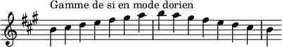 {
\override Score.TimeSignature #'stencil = ##f
\relative c'' {
\key b \dorian
\clef treble \time 7/4
b4^\markup { Gamme de si en mode dorien } cis d e fis gis a b a gis fis e d cis b
} }