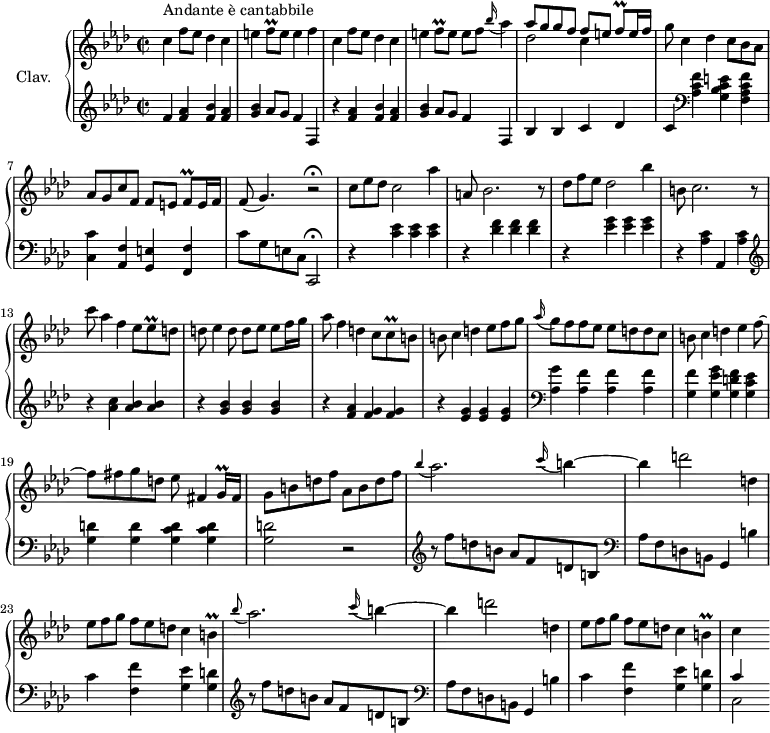 
\version "2.18.2"
\header {
  tagline = ##f
  % composer = "Domenico Scarlatti"
  % opus = "K. 481"
  % meter = "Andante è cantabbile"
}

%% les petites notes
trillFqq     = { \tag #'print { f8\prall } \tag #'midi { g32 f g f } }
trillEesqq   = { \tag #'print { ees8\prall } \tag #'midi { f32 ees f ees } }
trillCqq     = { \tag #'print { c8\prall } \tag #'midi { d32 c d c } }
trillGqqq    = { \tag #'print { g16\prall } \tag #'midi { \times 2/3 { g32 aes g } } }
trillB       = { \tag #'print { b4\prall } \tag #'midi { c32 b c b~ \tempo 4 = 70 b8 \tempo 4 = 90 } }

upper = \relative c'' {
  \clef treble 
  \key f \minor
  \time 2/2
  \tempo 4 = 90
  \set Staff.midiInstrument = #"harpsichord"
  \override TupletBracket.bracket-visibility = ##f
  \omit TupletNumber

      s8*0^\markup{Andante è cantabbile} 
      c4 f8 ees des4 c | e \trillFqq e8 e4 f | c4 f8 ees des4 c | e \trillFqq e8 e[ f] \appoggiatura bes16 aes4~ |
      % ms. 5
      << { aes8 g g f f[ e] \trillFqq e16 f } \\ { des2 c4 } >> g'8 c,4 des c8 bes aes | aes g c f, f[ e] \trillFqq e16 f | f8( g4.) r2\fermata |
      % ms. 9
      \times 2/3 { c8 ees des } c2 aes'4 | a,8 bes2. r8 | \times 2/3 { des8 f ees } des2 bes'4 | b,8 c2. r8 | 
      % ms. 13
      c'8 aes4 f ees8 \trillEesqq d8 | d ees4 d8 d[ ees] ees f16 g | aes8 f4 d c8 \trillCqq b8 | b c4  d ees8 f g |
      % ms. 17
      \appoggiatura aes16 g8 f f ees  ees d d c | b8  c4 d ees f8~ | f fis g d ees fis,4 \trillGqqq fis16 | g8 b d f  aes, b d f |
      % m. 21
      \appoggiatura bes4 aes2. \appoggiatura c16 b4~ | b d2 d,4 | \times 2/3 { ees8[ f g] } \times 2/3 { f ees d } c4 \trillB | 
      \appoggiatura bes'8 aes2. \appoggiatura c16 b4~ | b d2 d,4 | \times 2/3 { ees8[ f g] } \times 2/3 { f ees d } c4 \trillB | c4 s4

}

lower = \relative c' {
  \clef bass
  \key f \minor
  \time 2/2
  \set Staff.midiInstrument = #"harpsichord"

    % **************************************
        \clef treble f4 < f aes > < f bes > < f aes > | < g bes > aes8 g f4 f, | r4 < f' aes > < f bes > < f aes > | < g bes > aes8 g f4 f, |
       % ms. 5
       bes4 bes c des | c   \clef bass < aes c f >4 < g bes c e > < f aes c f > | < c c' >4 < aes f' > < g e' > < f f' > | c''8 g e c   \tempo 4 = 70 c,2\fermata
       % ms. 9
       \tempo 4 = 90 r4 < c'' ees >4 q q | r4 < des f >4 q q | r4 < ees g >4 q q | r4 < aes, c >4 aes, \tempo 4 = 70 < aes' c > 
       % ms. 13
       \tempo 4 = 90  \clef treble r4 < aes' c >4 < aes bes > q | r4 < g bes >4 q q | r4 < f aes >4 < f g > q | r4 < ees g >4 q q |
       % ms. 17
        \clef bass  < aes, g' >4 < aes f' > q q | < g f' >4 < g ees' g > < g d' f > < g c ees > | < g d' > q < g c d > q | < g d' >2 r2 
       % ms. 21
       \repeat unfold 2 { \clef treble  r8 f''8 d b aes f d b |  \clef bass aes f d b g4 b' | c < f, f' >4 < g ees' > < g d' > } | << { c4 } \\ { c,2 } >>

}

thePianoStaff = \new PianoStaff <<
    \set PianoStaff.instrumentName = #"Clav."
    \new Staff = "upper" \upper
    \new Staff = "lower" \lower
  >>

\score {
  \keepWithTag #'print \thePianoStaff
  \layout {
      #(layout-set-staff-size 17)
    \context {
      \Score
     \override SpacingSpanner.common-shortest-duration = #(ly:make-moment 1/2)
      \remove "Metronome_mark_engraver"
    }
  }
}

\score {
  \keepWithTag #'midi \thePianoStaff
  \midi { }
}
