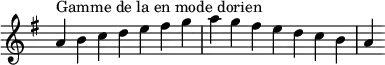 {
\override Score.TimeSignature #'stencil = ##f
\relative c'' {
\key a \dorian
\clef treble \time 7/4
a4^\markup { Gamme de la en mode dorien } b c d e fis g a g fis e d c b a
} }