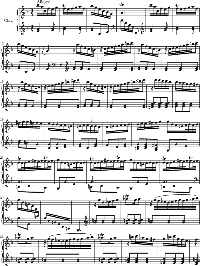 
\version "2.18.2"
\header {
  tagline = ##f
  % composer = "Domenico Scarlatti"
  % opus = "K. 107"
  % meter = "Allegro"
}

%% les petites notes
trillAesqp     = { \tag #'print { aes8.\trill } \tag #'midi { bes32 aes bes aes~ aes16 } }
trillDqq       = { \tag #'print { d16\trill } \tag #'midi { \times 2/3 { d32 e d } } }
trillFisqq     = { \tag #'print { fis16\trill } \tag #'midi { \times 2/3 { fis32 g fis } } }
trillFqq       = { \tag #'print { f16\trill } \tag #'midi { \times 2/3 { f32 g f } } }
trillAp        = { \tag #'print { a4.\trill } \tag #'midi { bes32 a bes a~ a4 } }
ficta          = { \once \set suggestAccidentals = ##t }

upper = \relative c'' {
  \clef treble 
  \key f \major
  \time 3/8
  \tempo 4. = 62
  \set Staff.midiInstrument = #"harpsichord"
  \override TupletBracket.bracket-visibility = ##f

      s8*0^\markup{Allegro}
      c'16 a c, f e g | \trillFqq e16 f g a f | bes g e c bes g | \trillAp | c'16 a c, f e g |
      % ms. 6
      \trillFqq e16 f g a f | bes g e c bes g | \appoggiatura g32 a4. | \repeat unfold 2 { r16 a' f d c b | r32 c32 d e f g a b c8 } |
      % ms. 13
      \repeat unfold 2 { r16 bes16 g e d cis | r32 d e f g a b cis d8 }
      % ms. 17
      r16 d16 d c c bes | bes a a g g fis | fis g g f f e | e d d c c b | b c c \ficta bes bes a | a b b c c d |
      % ms. 23
      d16 e e fis fis g | \repeat unfold 3 { g d c b c32 d c d | \trillDqq c32 d e fis e fis \trillFisqq e32 fis } |
      % ms. 30
      g16 d b g d \stemUp \change Staff = "lower" b | s4. s4.  \stemNeutral \change Staff = "upper" 
      % ms. 33
      r16 g''16 d ees f g | \trillAesqp g16 aes8 | \repeat unfold 2 { r32 g32( f ees d ees f g f g aes bes) | \trillAesqp g16 aes8 } |
      % ms. 39
      r16 b16 c aes g fis | g b c g f e | f

}

lower = \relative c' {
  \clef bass
  \key f \major
  \time 3/8
  \set Staff.midiInstrument = #"harpsichord"
  \override TupletBracket.bracket-visibility = ##f

    % ************************************** \appoggiatura a16  \repeat unfold 2 {  } \times 2/3 { }   \omit TupletNumber 
        \clef treble  < f a >4 < g bes >8 | < a c >4 q8 | < g bes >8 c, e |   \clef bass f16[ c a f]   \tempo 4. = 30 f,8 |   \tempo 4. = 62 \clef treble  < f'' a >4 < g bes >8 |
      % ms. 6
      < a c >4 q8 | < g bes >8 c, e | f8 \clef bass   \tempo 4. = 50 f,4 |   \tempo 4. = 62 \clef treble \repeat unfold 2 { < f' a >8 q f | < e g >8 q q } |
      % ms. 13
      \repeat unfold 2 { < g bes >8 q g | < f a > q q } |
      % ms. 17
      < fis a c d >8-\tweak stencil ##f \p q q | < g bes d >8 q < a c >-\tweak stencil ##f \f | < bes d > b g | < c, g' > q < d f > | < e g > c < e g > | f d < e g > | 
      % ms. 23
      < b d g >8 < c e g > < a c fis > | \repeat unfold 3 { g g' e | << { g4. } \\ { b,8 c a } >> } \clef bass  \stemDown
      % ms. 30
      g8 g, s8 | \stemNeutral g'16 d b g d b |   \tempo 4. = 50 g4. \clef treble   \tempo 4. = 62
      % ms. 33
      \repeat unfold 3 { < g''' b >8 q q | < f b c >8 q q } | 
      % ms. 38
      < f aes c >8 q q | < ees g c >8 q q | < d f g b >8*1/2

}

thePianoStaff = \new PianoStaff <<
    \set PianoStaff.instrumentName = #"Clav."
    \new Staff = "upper" \upper
    \new Staff = "lower" \lower
  >>

\score {
  \keepWithTag #'print \thePianoStaff
  \layout {
      #(layout-set-staff-size 17)
    \context {
      \Score
     \override SpacingSpanner.common-shortest-duration = #(ly:make-moment 1/2)
      \remove "Metronome_mark_engraver"
    }
  }
}

\score {
  \keepWithTag #'midi \thePianoStaff
  \midi { }
}
