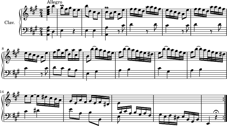 \version "2.18.2"
\header {
tagline = ##f
% composer = "Domenico Scarlatti"
% opus = "K. 74"
% meter = "Allegro"
}
%% les petites notes
trillCisq = { \tag #'print { cis8\prall } \tag #'midi { d32 cis d cis } }
trillGisq = { \tag #'print { gis8\prall } \tag #'midi { a32 gis a gis } }
upper = \relative c'' {
\clef treble
\key a \major
\time 2/4
\tempo 4 = 92
\set Staff.midiInstrument = #"harpsichord"
\override TupletBracket.bracket-visibility = ##f
\repeat volta 2 {
s8*0^\markup{Allegro}
< a cis e a >4 b' | \trillGisq fis16 gis e8 e | b' d, cis b | \trillCisq b16 cis a8 e' | \repeat unfold 2 { fis16 fis e d a' a gis fis |
% ms. 6
e16 d cis b a8 e' } | fis16 a e a d, a' cis, a' |
% ms. 10
b,8 b'~ b16 a gis fis32 e | fis8 b~ b16 a gis32 fis e dis | e8 b'~ b16 a gis fis32 e | fis8 b~ b16 a gis32 fis e dis
% ms. 14
e8 e~ e16 dis cis b32 a | gis16 e a fis gis e fis dis | \stemDown e \stemUp \change Staff = "lower" b cis a b gis a fis | s2 | s2 }%repet
% ms. 19
}
lower = \relative c' {
\clef bass
\key a \major
\time 2/4
\set Staff.midiInstrument = #"harpsichord"
\override TupletBracket.bracket-visibility = ##f
\repeat volta 2 {
% ************************************** \appoggiatura a16 \repeat unfold 2 { } \times 2/3 { } \omit TupletNumber
< a, e' a >4 d | e r4 | e4 e | < a, a' > r8 cis'8 | \repeat unfold 2 { d4 r8 d8 |
% ms. 6
cis4 r8 cis8 } | d8 cis b a |
% ms. 10
e4 \repeat unfold 2 { gis4 | a b |
% ms. 14
cis4 } dis4 | e8 a, b b, | e8 s8 s4 | gis16 e fis dis e b gis b | e,4 r4\fermata }%repet
% ms. 19
}
thePianoStaff = \new PianoStaff <<
\set PianoStaff.instrumentName = #"Clav."
\new Staff = "upper" \upper
\new Staff = "lower" \lower
>>
\score {
\keepWithTag #'print \thePianoStaff
\layout {
#(layout-set-staff-size 17)
\context {
\Score
\override SpacingSpanner.common-shortest-duration = #(ly:make-moment 1/2)
\remove "Metronome_mark_engraver"
}
}
}
\score {
\unfoldRepeats
\keepWithTag #'midi \thePianoStaff
\midi { }
}