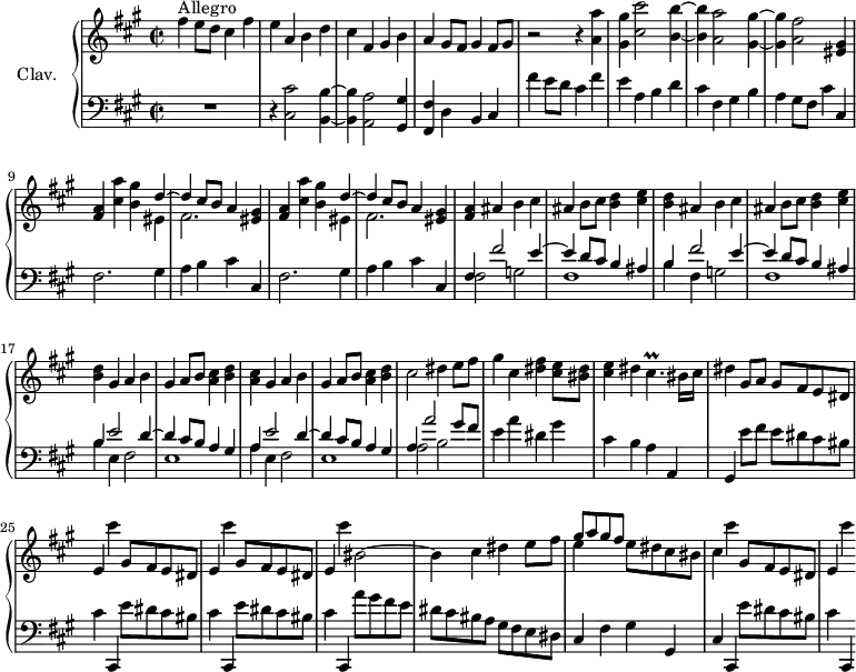 \version "2.18.2"
\header {
tagline = ##f
% composer = "Domenico Scarlatti"
% opus = "K. 447"
% meter = "Allegro"
}
%% les petites notes
trillCisp = { \tag #'print { cis4.\prall } \tag #'midi { dis32 cis cis cis~ cis4 } }
upper = \relative c'' {
\clef treble
\key fis \minor
\time 2/2
\tempo 2 = 82
\set Staff.midiInstrument = #"harpsichord"
\override TupletBracket.bracket-visibility = ##f
s8*0^\markup{Allegro}
fis4 e8 d cis4 fis | e a, b d | cis fis, gis b | a gis8 fis gis4 fis8 gis |
% ms. 5
r2 r4 < a a' >4 | < gis gis' > < cis cis' >2 < b b' >4~ | q < a a' >2 < gis gis' >4~ | q < a fis' >2 < gis eis >4 | < a fis > \repeat unfold 2 { < cis a' > < b gis' >
% ms. 9 fin
<< { d4~ | d cis8 b a4 } \\ { eis4 | fis2. } >> < eis gis >4 | < fis a > } \repeat unfold 2 { ais4 b cis | ais b8 cis < b d >4 < cis e > | < b d > }
% ms. 17
gis4 a b | gis a8 b < cis a >4 < b d > | < a cis > gis a b |
% ms. 20
gis4 a8 b < cis a >4 < b d > | cis2 dis4 e8 fis | gis4 cis, < dis fis > < cis e >8 < bis dis > | < cis e >4 dis \trillCisp bis16 cis | dis4 gis,8 a gis fis e dis |
% ms. 25
\repeat unfold 2 { e4 cis'' gis,8 fis e dis } | e4 cis'' bis,2~ | bis4 cis dis e8 fis | << { gis8 a gis fis } \\ { e4 } >> e8 dis cis bis
% ms. 30
cis4 cis' gis,8 fis e dis | e4 cis''
}
lower = \relative c' {
\clef bass
\key fis \minor
\time 2/2
\set Staff.midiInstrument = #"harpsichord"
\override TupletBracket.bracket-visibility = ##f
% ************************************** \appoggiatura a16 \repeat unfold 2 { } \times 2/3 { } \omit TupletNumber
R1 | r4 < cis, cis' >2 < b b' >4~ | q < a a' >2 < gis gis' >4 | < fis fis' > d' b cis |
% ms. 5
fis' e8 d cis4 fis | e a, b d | cis fis, gis b | a gis8 fis cis'4 cis, | fis2. gis4 |
% ms. 10
a4 b cis cis, | fis2. gis4 | a b cis cis, | << { fis4 fis'2 e4~ | e d8 cis b4 ais } \\ { fis2 g | fis1 } >>
% ms. 15
<< { b4 fis'2 e4~ | e d8 cis b4 ais | b4 e2 d4~ | d cis8 b a4 gis } \\ { b4 fis g2 | fis1 | b4 e, fis2 | e1 } >>
% ms. 19
<< { a4 e'2 d4~ | d cis8 b a4 gis | a4 a'2 gis8 fis } \\ { a,4 e fis2 | e1 | a2 b } >> | e4 a dis, gis | cis, b a a, | gis e''8 fis e dis cis bis |
% ms. 25
cis4 cis,, \repeat unfold 2 { e''8 dis cis bis | cis4 cis,, } a'''8 gis fis e | dis cis bis a gis fis e dis | cis4 fis gis gis, |
% ms. 30
cis4 cis, e''8 dis cis bis | cis4 cis,,
}
thePianoStaff = \new PianoStaff <<
\set PianoStaff.instrumentName = #"Clav."
\new Staff = "upper" \upper
\new Staff = "lower" \lower
>>
\score {
\keepWithTag #'print \thePianoStaff
\layout {
#(layout-set-staff-size 17)
\context {
\Score
\override SpacingSpanner.common-shortest-duration = #(ly:make-moment 1/2)
\remove "Metronome_mark_engraver"
}
}
}
\score {
\keepWithTag #'midi \thePianoStaff
\midi { }
}