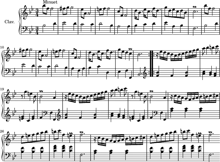 \version "2.18.2"
\header {
tagline = ##f
}
%% les petites notes
trillC = { \tag #'print { c2.\prall } \tag #'midi { d32 c d c d c~ c16~ c2 } }
trillF = { \tag #'print { f2.\prall } \tag #'midi { g32 f g f g f~ f16~ f2 } }
trillCq = { \tag #'print { c4\prall } \tag #'midi { d32 c d c d c~ c16 } }
trillEq = { \tag #'print { e4\prall } \tag #'midi { f32 e f e f e~ e16 } }
trillBes = { \tag #'print { bes2\prall } \tag #'midi { c32 bes c bes c bes~ bes16~ bes4 } }
upper = \relative c'' {
\clef treble
\key bes \major
\time 3/4
\tempo 4 = 120
\set Staff.midiInstrument = #"harpsichord"
bes'8^"Minuet" f f2 | fis8 g g2 | ees8 a, a2 | e'8 f f2 | c8 f, f2 | d'16 bes8. ees16 c8. f16 d8. |
% ms. 7
g8 d ees c d bes | \trillC | bes'8 f f2 | fis8 g g2 | ees8 a, a2 | e'8 f f2 |
% ms. 13
c8 f, f2 | d'16 bes8. ees16 c8. f16 d8. | g8 ees d4 \trillCq | bes2.
% ms. 17
\repeat unfold 2 { r16 ees16 d c bes a bes c d ees f g | a8 bes4 b c8 | r8 g4 e bes8 | \trillBes a4 } |
% ms. 25
\repeat unfold 2 { r16 c16 bes a g f g a bes b c cis | d8 e f g a bes | b c f,4 \trillEq
% ms. 28 et 32
\trillF }
}
lower = \relative c' {
\clef bass
\key bes \major
\time 3/4
\set Staff.midiInstrument = #"harpsichord"
% **************************************
\repeat volta 2 {
bes2 d4 | ees2 d4 | c2 c4 | d2 bes4 | a2 a4 | bes c d | ees a, bes | f2. | bes2 d4 | ees2 d4 | c2 c4 | d2 bes4 | a f a | bes c d, | ees f f, | bes2. } \set Score.doubleRepeatType = #":..:"
% ms. 17
\repeat volta 1 {
\repeat unfold 2 { \clef treble < f'' bes >4 f <f bes > | < a c > < g bes > < f a > | < e g >4 c < e g > | f \clef bass f, f, } | \repeat unfold 2 { < a' c >4 q q | < bes f' > q q | < c f a > q < c g' > f,2. }
} \bar ""
s8*0
}
thePianoStaff = \new PianoStaff <<
\set PianoStaff.instrumentName = #"Clav."
\new Staff = "upper" \upper
\new Staff = "lower" \lower
>>
\score {
\keepWithTag #'print \thePianoStaff
\layout {
#(layout-set-staff-size 17)
\context {
\Score
\override SpacingSpanner.common-shortest-duration = #(ly:make-moment 1/2)
\remove "Metronome_mark_engraver"
}
}
}
\score {
\keepWithTag #'midi \thePianoStaff
\midi { }
}