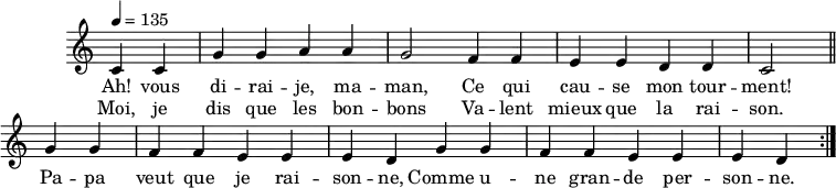 \header {
tagline = ##f
}
\score {
\new Staff \with {
\remove "Time_signature_engraver"
}
<<
\new Voice = "melody"
\relative c'' {
\key c \major
\time 4/4
\tempo 4 = 135
\override TupletBracket #'bracket-visibility = ##f
\autoBeamOff
%%%%%%%%%%%%%%%%%%%%%%%%%% Ah vous dirais-je maman
\repeat volta 2 {
\partial 2
c,4 c g' g a a g2 f4 f e e d d c2 \bar "||"
g'4 g f f e e e d g g f f e e e d }
}
\new Lyrics \lyricsto "melody" {
Ah! vous di -- rai -- je, ma -- man, Ce qui cau -- se mon tour -- ment! Pa -- pa veut que je rai -- son -- ne, Comme u -- ne gran -- de per -- son -- ne.
}
\new Lyrics \lyricsto "melody" {
Moi, je dis que les bon -- bons Va -- lent mieux que la rai -- son.
}
>>
\layout {
\context {
\remove "Metronome_mark_engraver"
}
}
\midi {}
}