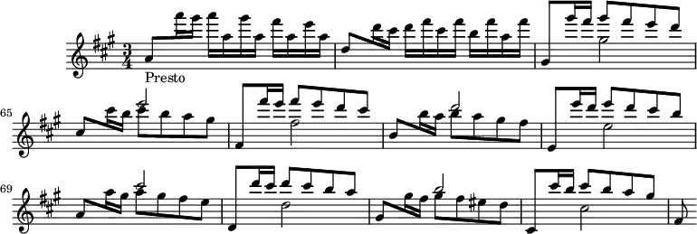 \version "2.18.2"
\header {
tagline = ##f
}
\score {
\new Staff \with {
}
<<
\relative c' {
\key a \major
\time 3/4
\override TupletBracket #'bracket-visibility = ##f
\set Score.currentBarNumber = #62
\autoBeamOff
\set Staff.midiInstrument = #"violin"
%%%%%%%%%%%%%%%%%%%%%%%%%% Caprice IV, Presto
<<
\new Voice
\relative c'''
{ \voiceOne
a,8_\markup{Presto} \stemDown a''16 gis a a, gis' a, fis' a, e' a, |
\stemUp d,8 \stemDown d'16 cis d fis cis fis b, fis' a, fis' |
\stemUp gis,,8 gis''16 fis gis8 fis e d |
cis,8 \stemDown cis'16 b cis8 b a gis |
\stemUp fis,8 fis''16 e fis8 e d cis |
\stemUp b,8 \stemDown b'16 a b8 a gis fis |
\stemUp e,8 e''16 d e8 d cis b |
\stemUp a,8 \stemDown a'16 gis a8 gis fis e |
\stemUp d,8 d''16 cis d8 cis b a |
\stemUp gis,8 \stemDown gis'16 fis gis8 fis eis d
\stemUp cis,8 cis''16 b cis8 b a gis |
fis,8
}
\new Voice
\relative c'''
{ \voiceTwo
s2.*2 s4 gis2 s4 \stemUp e'2 s4 \stemDown fis,2 s4 \stemUp d'2 s4 \stemDown e,2 s4 \stemUp cis'2 s4 \stemDown d,2 s4 \stemUp b'2 s4 \stemDown cis,2
}
>>
}
>>
\layout {
\context {
\remove "Metronome_mark_engraver"
}
}
\midi { \tempo 4 = 160 }
}