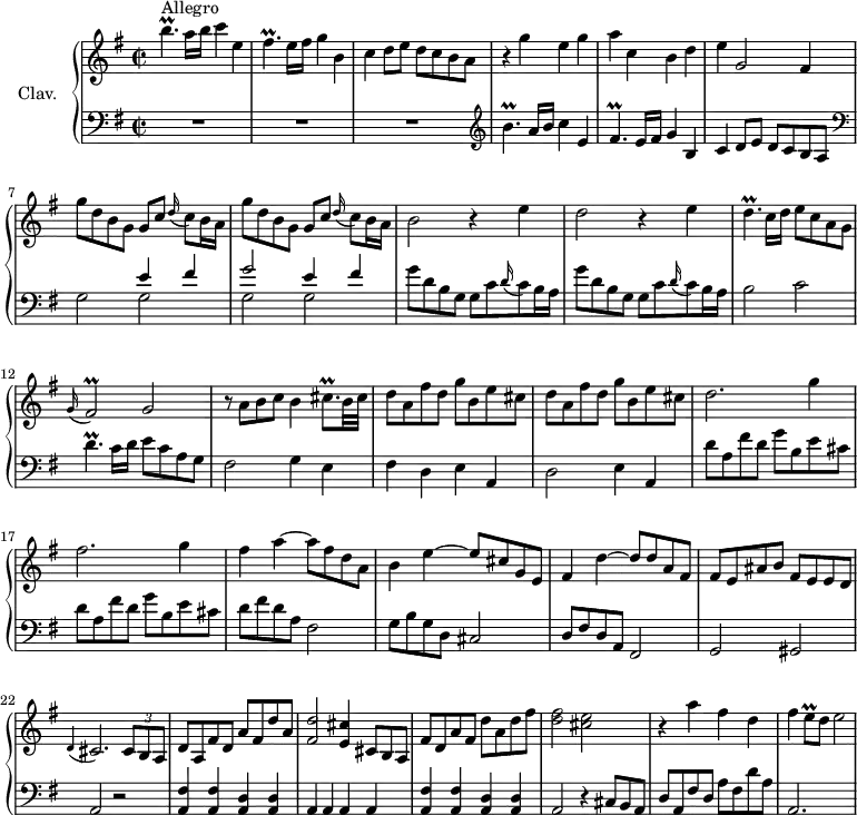 
\version "2.18.2"
\header {
  tagline = ##f
}

%% les petites notes
trillBpUp     = { \tag #'print { b'4.\prall } \tag #'midi { c32 b c b~ b4 } }
trillFp       = { \tag #'print { fis4.\prall } \tag #'midi { g32 fis g fis~ fis4 } }
trillDp       = { \tag #'print { d4.\prall } \tag #'midi { e32 d e d~ d4 } }
trillFisAppo  = { \tag #'print { \appoggiatura g16 fis2\prall } \tag #'midi { g32 fis g fis~ fis8~ fis4 } }
trillCisqp    = { \tag #'print { cis8.\prall } \tag #'midi { d32 cis d cis~ cis16 } }
trillEq       = { \tag #'print { e8\prall } \tag #'midi { fis32 e fis e } }


upper = \relative c'' {
  \clef treble 
  \key g \major
  \time 2/2
  \tempo 2 = 72
  \set Staff.midiInstrument = #"harpsichord"
  \override TupletBracket.bracket-visibility = ##f


     s8*0^\markup{Allegro} %  \repeat unfold 2 {  }
     \trillBpUp a16 b c4 e, | \trillFp e16 fis g4 b, | c d8 e d c b a | r4 g'4 e g |
     % ms. 5
     a4 c, b d | e g,2 fis4 | \repeat unfold 2 { g'8 d b g g[ c] \appoggiatura d16 c8 b16 a } |
     % ms. 9
     b2 r4 e4 | d2 r4 e4 | \trillDp c16 d e8 c a g | \trillFisAppo g2
     % ms. 13
     r8 a8 b c b4 \trillCisqp b32 cis | d8 a fis' d g b, e cis | d a fis' d g b, e cis  | d2. g4 |
     % ms. 17
     fis2. g4 | fis4 a4~ a8 fis d a | b4 e4~ e8 cis g e | fis4 d'4~ d8 d a fis |
     % m. 21
     fis8 e ais b fis e e d | \appoggiatura d4 cis2. \times 2/3 { cis8[ b a] } | d8 a fis' d a' fis d' a | < fis d' >2 < e cis' >4   \omit TupletNumber \times 2/3 { cis8[ b a] } | fis' d a' fis d' a d fis |
     % ms. 26
     < d fis >2 < cis e > | r4 a'4 fis d  | fis \trillEq d8 e2

}

lower = \relative c' {
  \clef bass
  \key g \major
  \time 2/2
  \set Staff.midiInstrument = #"harpsichord"
  \override TupletBracket.bracket-visibility = ##f
  \omit TupletNumber

    % **************************************
     R1*3   \clef treble  \trillBpUp a16 b c4 e, | \trillFp e16 fis g4 b, | c d8 e d c b a |   \clef bass
     % ms. 7
     g2 << { e'4 fis | g2 e4 fis } \\ { \repeat unfold 3 { g,2 } } >> |
     % ms. 9
     \repeat unfold 2 { g'8 d b g g c \appoggiatura d16 c8 b16 a } | b2 c | \trillDp c16 d e8 c a g |
     % ms. 13
     fis2 g4 e | fis d e a, | d2 e4 a, | d'8 a fis' d g b, e cis |
     % ms. 17
     d8 a fis' d g b, e cis  | d fis d a fis2 | g8 b g d cis2 | d8 fis d a fis2 |
     % ms. 21
     g2 gis | a r2 | < a fis' >4 q < a d > q | a a a a | < a fis' >4 q < a d > q |
     % ms. 26
     a2 r4 \times 2/3 { cis8[ b a] } | d8 a fis' d a' fis d' a | a,2. s4

}

thePianoStaff = \new PianoStaff <<
    \set PianoStaff.instrumentName = #"Clav."
    \new Staff = "upper" \upper
    \new Staff = "lower" \lower
  >>

\score {
  \keepWithTag #'print \thePianoStaff
  \layout {
      #(layout-set-staff-size 17)
    \context {
      \Score
     \override SpacingSpanner.common-shortest-duration = #(ly:make-moment 1/2)
      \remove "Metronome_mark_engraver"
    }
  }
}

\score {
  \keepWithTag #'midi \thePianoStaff
  \midi { }
}
