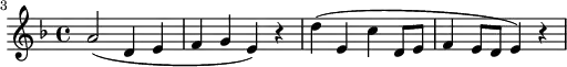 \header {
tagline = ##f
}
\score {
\new Staff \with {
}
<<
\relative c'' {
\key f \major
\time 4/4
\tempo 4 = 80
\override TupletBracket #'bracket-visibility = ##f
%\autoBeamOff
\set Staff.midiInstrument = #"string ensemble 1"
\set Score.currentBarNumber = #3
\bar ""
%%% AB 5-2 th1
a2( d,4 e f4 g e) r4 d'( e, c' d,8 e f4 e8 d e4) r4
}
>>
\layout {
\context { \Score \remove "Metronome_mark_engraver"
}
}
\midi {}
}