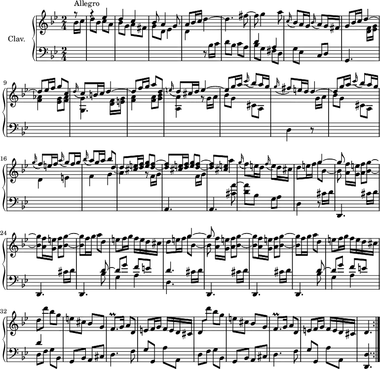 
\version "2.18.2"
\header {
  tagline = ##f
  % composer = "Domenico Scarlatti"
  % opus = "K. 196"
  % meter = "Allegro"
}

%% les petites notes
trillFqp       = { \tag #'print { f8.\prall } \tag #'midi { g32 f g f~ f16 } }

upper = \relative c'' {
  \clef treble 
  \key g \minor
  \time 2/4
  \tempo 4 = 82
  \set Staff.midiInstrument = #"harpsichord"

  \repeat volta 2 {
      s8*0^\markup{Allegro}
      \partial 8 g'8\rest | g4\rest \stemUp ees4 | d c | bes8 a4 g8 | a bes16 c \stemNeutral   d4~ |
      % ms. 5
      d4. fis8~ | fis g4 a8 | \appoggiatura c,16 bes8 a16 g \appoggiatura bes16 a8 g16 fis | g8 bes16 c \stemUp d4^~ | d8 ees16 f g8 c, |
      % ms. 10
      \appoggiatura d16 c8 b16 c d4^~ | d8 f16 g a8 d, | \appoggiatura e16 d8 cis16 d e4^~ | e8 g16 a \appoggiatura c16 bes8 a16 g | \appoggiatura g16 fis8 e16 d d4^~ |
      % ms. 15
      d8 g16 a \appoggiatura c16 bes8 a16 g | \appoggiatura g16 f8 e16 f \appoggiatura a16 g8 f16 g | \appoggiatura bes16 a8 g16 a bes8 d,~ | d \repeat unfold 2 { < cis e >16  < d f > < e g >8 < d f >~ |
      % ms. 20
      q } < cis e >8  \stemNeutral  a'4 | \appoggiatura g16 f8 e16 d \appoggiatura f16 e8 d16 cis | d8 e16 f << { g4~ | g8 } \\ { g8 bes,~ | bes } >> \repeat unfold 2 { < a f' >16 < g e' > < a f' >8 < bes g' >~ |
      % ms. 25
      q } f'16 g a8 d, | e f16 g f e d cis | d8 e16 f << { g4~ | g8 } \\ { g8 bes,~ | bes } >> \repeat unfold 2 { < a f' >16 < g e' > < a f' >8 < bes g' >~ |
      % ms. 30
      q } f'16 g a8 d, | e f16 g f e d cis | d8 d' bes g | e cis bes g | \trillFqp g16 a8 d, |
      % ms. 35
      e8 f16 g f e d cis | d8 d'' bes g | e cis bes g | \trillFqp g16 a8 d, | e f16 g f e d cis | d4. }%repet

}

lower = \relative c' {
  \clef bass
  \key g \minor
  \time 2/4
  \set Staff.midiInstrument = #"harpsichord"

  \repeat volta 2 {
    % ************************************** \appoggiatura a16  \repeat unfold 2 {  } \times 2/3 { }   \omit TupletNumber 
      \stemDown \change Staff = "upper"  bes'16 c | d8 bes c a | bes g a fis | g d ees4 | d \stemNeutral \change Staff = "lower"  r8 bes16 c |
      % ms. 5
      d8 bes c a | << { d4 a } \\ { bes8 g fis d } >> | g8 ees c d | g,4. \stemDown \change Staff = "upper" < d'' f >16 < ees g > | < f aes >4 < ees g >8 < f aes > |
      % ms. 10
      < g, g' >4. < d' f >16 < e g > | < f a >4 q8 < g bes > | < a, a' >4 r8 g'16 a | bes8 g cis, a | \stemNeutral \change Staff = "lower"  d,4 r8 \stemDown \change Staff = "upper"  g'16 a |
      % ms. 15
      bes8 g cis, a | d4 e | f g | a  r8 \repeat unfold 2 { \stemDown \change Staff = "upper" f16 g \stemNeutral \change Staff = "lower" |
      % ms. 20
      a,,4. } < cis' a' >8~ | < d a' > bes g a | d,4 r8 \repeat unfold 3 { cis'16 d |
      % ms. 25
      d,,4. } << { d''8~ | d g f e | d4. } \\ { bes8 | g4 a | d,4. } >> \repeat unfold 3 { cis'16 d |
      % ms. 30
      d,,4. } << { d''8~ | d g f e | d4 } \\ { bes8 | g4 a | d,8 f g bes, } >> | g bes a cis | d4. f8 |
      % ms. 35
      g8 g, a' a, | d f g bes, | g bes a cis | d4. f8 | g g, a' a, | < d, d' >4. }%repet

}

thePianoStaff = \new PianoStaff <<
    \set PianoStaff.instrumentName = #"Clav."
    \new Staff = "upper" \upper
    \new Staff = "lower" \lower
  >>

\score {
  \keepWithTag #'print \thePianoStaff
  \layout {
      #(layout-set-staff-size 17)
    \context {
      \Score
     \override TupletBracket.bracket-visibility = ##f
     \override SpacingSpanner.common-shortest-duration = #(ly:make-moment 1/2)
      \remove "Metronome_mark_engraver"
    }
  }
}

\score {
  \unfoldRepeats
  \keepWithTag #'midi \thePianoStaff
  \midi { }
}
