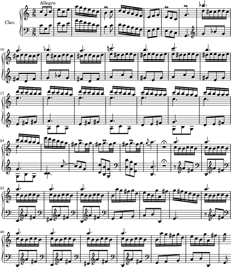 
\version "2.18.2"
\header {
  tagline = ##f
}

%% les petites notes
trillB      = { \tag #'print { b4\prall } \tag #'midi { c32 b c b~ b8 } }
trillGpup   = { \tag #'print { g'4.\prall } \tag #'midi { a32 g a g~ g8~ g8 } }
trillGp     = { \tag #'print { g8.\prall } \tag #'midi { \times 2/3 { a32 g a } g16~ g16 } }
trillEq     = { \tag #'print { e8\prall } \tag #'midi { \times 2/3 { f32 e f } e16 } }

upper = \relative c'' {
  \clef treble 
  \key c \major
  \time 3/8
  \tempo 4. = 70
  \set Staff.midiInstrument = #"harpsichord"

     c8^\markup{Allegro} g c | e c e | a16 g f e d c | \trillB c8 | d16 c b a g f | e8 f g | \trillEq d8 c | \trillGpup |
     % ms. 9
     << { bes'4. | a | bes | a | c! | b | c | b |  \repeat unfold 2 { d16 c c  b b b | d c c  b b a } | \repeat unfold 2 { c16 b b a a a | c b b a a g } } \\ {  d16  \repeat unfold 5 { cis16 cis d d } cis16 cis d | e \repeat unfold 5 { dis16 dis e e } dis16 dis e | \repeat unfold 5 { e4. } | \repeat unfold 3 { d4. }  } >>
     % ms. 25
     e'16 d c b a g | \repeat unfold 3 { fis8 \trillGp fis32 g } | \appoggiatura g8 a4. | R4.\fermata |
     % ms. 31
     \repeat unfold 5 { << { a4. } \\ { c,16 b b c c b } >> } | 
     % ms. 36
     b16 a' g fis g d | e c b g' a, fis' | g fis e d c b | % << { a'4. } \\ { c,16 } >>
     % ms. 39
     \repeat unfold 5 { << { a'4. } \\ { c,16 b b c c b } >> } | 
     % ms. 44
     b16 a' g fis g d | e c b g' a, fis' | g 

}

lower = \relative c' {
  \clef bass
  \key c \major
  \time 3/8
  \set Staff.midiInstrument = #"harpsichord"

    % **************************************
     c8 g c | e c e | a16 g f e d c | b4 c8 | d16 c b a g f | e8 f g | e8 d8 c | g4.
     % ms. 9
     \clef treble \repeat unfold 2 { g''8 bes g fis d fis } | \repeat unfold 2 { a8 c a gis e gis } | \repeat unfold 2 { e8 fis gis | 
     % ms. 18
     << { a4. } \\ { a,8 c a } >> } | \repeat unfold 2 { d8 e fis << { g4. } \\ { g,8 b g } >> } | << { c4 c'8~ | c8 b g  } \\ { c,4. } >> | < d d' >8 < b b' > < g g' >  |  \clef bass < d d' >8 < b b' > < g g' > | < d d' >4. | R4.\fermata | 
     % ms. 31
     r8 \clef treble a'''8 fis  |  \clef bass d,,8 \clef treble a'''8 fis |   \clef bass e,,8 \clef treble a''8 fis |   \clef bass fis,,8 \clef treble a''8 fis |   \clef bass d,,8 \clef treble a'''8 fis | \clef bass g,,8 a b | c d d, | g4. | 
     % ms. 39
     r8 \clef treble a''8 fis  |  \clef bass d,,8 \clef treble a'''8 fis |   \clef bass e,,8 \clef treble a''8 fis |   \clef bass fis,,8 \clef treble a''8 fis |   \clef bass d,,8 \clef treble a'''8 fis | \clef bass g,,8 a b | c d d, | g8

}

thePianoStaff = \new PianoStaff <<
    \set PianoStaff.instrumentName = #"Clav."
    \new Staff = "upper" \upper
    \new Staff = "lower" \lower
  >>

\score {
  \keepWithTag #'print \thePianoStaff
  \layout {
      #(layout-set-staff-size 17)
    \context {
      \Score
     \override SpacingSpanner.common-shortest-duration = #(ly:make-moment 1/2)
      \remove "Metronome_mark_engraver"
    }
  }
}

\score {
  \keepWithTag #'midi \thePianoStaff
  \midi { }
}
