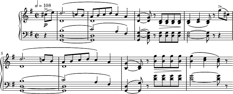 \version "2.18.2"
\header {
tagline = ##f
}
upper = \relative c'' {
\clef treble
\key g \major
\time 2/2
\tempo 2 = 108
%%Schubert — Allegretto D.894
\partial 4 cis8->\p( e)
<< { d2.( c!8 b a b c d c4-.) a-. } \\ { d,1 d } >>
< b' d, >4~^( < g d >8) r8 < d b >8\> q q q\! q4( < e c > < d b >8) r8
g'8->( cis,)
<< { d2.( c!8 b a b c d c4-.) a-. } \\ { d,1 d } >>
< g b, >4^(~ < d b >8) r8
< g' b, >8\> q q q\! < g b, >4( < e c >4 < d b >8) r8
}
lower = \relative c {
\clef bass
\key g \major
\time 2/2
r4 << { b'1~( c2)( a4 fis) } \\ { < d g, >1~ q } >>
< g d g, >4(~ < g d b >8) r8 < g d >8 q q q q2~ q8 r8 r4
<< { b1~( c2)( a4 fis) } \\ { < d g, >1~ q } >>
< d g, >4^(~ < g g, >8) r8
< g' d >8 q q q q2~ q8 r8
}
\header {
piece = ""
}
\score {
\new PianoStaff <<
\new Staff = "upper" \upper
\new Staff = "lower" \lower
>>
\layout {
\context {
\Score
}
}
\midi { }
}
