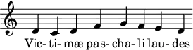 
\version "2.18.2"
\header {
  tagline = ##f
}
\score {
  \new Staff \with {
    \remove "Time_signature_engraver"
    \override Staff.TimeSignature.stencil = ##f

  }
<<
  \relative c' {
    \key c \major
    \time 10/4
    \autoBeamOff

     %%% [[Antienne]] Vic- ti- mæ pas- cha- li lau- des et choral
     
     s4 d4 c d f g f e d

  }

  \addlyrics {
     Vic- ti- mæ pas- cha- li lau- des 
  }% Christ lag in To- des Ban- - den.
>>
  \layout {
    \context {
      \remove "Metronome_mark_engraver"
    }
  }
  \midi {  }
}
