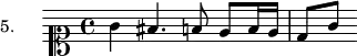 
\version "2.18.2"
\header {
  tagline = ##f
}

\score {
  \new Staff \with {

  }
<<
  \relative c'' {
    \set Staff.instrumentName = #"5."
    \key c \major
    \clef soprano
    \time 4/4
    \set Staff.midiInstrument = #"recorder" 
     %%%%%% section 5
     g4 fis4. f!8 e f16 e d8[ g]

  }
>>
  \layout {
     \context { \Score \remove "Metronome_mark_engraver" }
  }
  \midi {}
}
