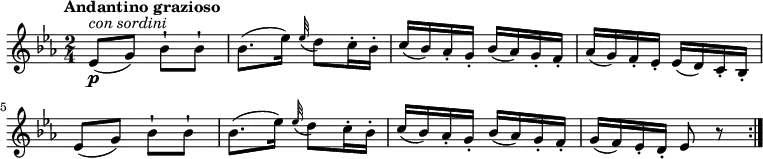 
\relative c'' {
  \version "2.18.2"
  \key ees \major
  \tempo "Andantino grazioso"
  \time 2/4
  \tempo 4 = 60
    ees,8\p^\markup { \italic { con sordini } } (g) bes-! bes-!
    bes8. (ees16) \grace ees32 ( d8) c16-. bes-. 
    c (bes) aes-. g-. bes (aes) g-. f-.
    aes (g) f-. ees-. ees (d) c-. bes-.
    ees8 (g) bes-! bes-!
    bes8. (ees16) \grace ees32 ( d8) c16-. bes-.
    c (bes) aes-. g-. bes (aes) g-. f-.
    g (f) ees-. d-. ees8 r8  \bar ":|."
}
