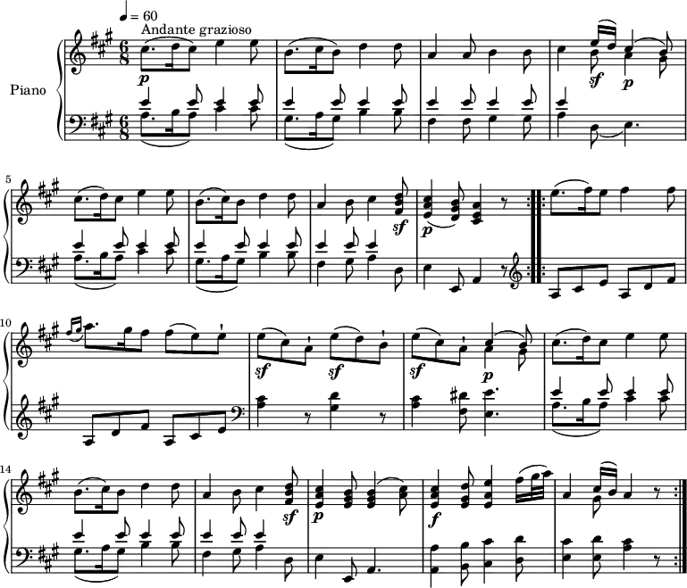 
\version "2.14.2"
\header {
  tagline = ##f
}

upper= \relative c'' {
    \clef treble
    \key a \major
    \time 6/8
    \tempo 4 = 60
    \tempo "Andante grazioso"
    \set Staff.midiInstrument = #"piano"

    \repeat volta 2 {
    cis8.\p^\markup { Andante grazioso } (d16 cis8) e4 e8
    b8. (cis16 b8) d4 d8
    a4 a8 b4 b8
    cis4  << {e16\sf (d) cis4 ^(b8) } \\ {b8 a4\p gis8} >>
    cis8. (d16) cis 8 e4 e8
    b8. (cis16) b8 d4 d8
    a4 b8 cis4 <fis, b d>8\sf
    < e a cis>4\p (<d gis b>8) < cis e a>4 r8
  }
    \repeat volta 2 {
      e'8. (fis16) e8 fis4 fis8
      \grace {fis16 (gis} a8.) gis16 fis8 fis8 (e) e-!
      e\sf (cis) a-! e'\sf (d) b-!
      e\sf (cis) a-!  <<{ cis4 ^(b8)} \\ { a4\p gis8 } >>
      cis8. (d16) cis 8 e4 e8
      b8. (cis16) b8 d4 d8
      a4 b8 cis4 <fis, b d>8\sf
      <e a cis>4\p  <e gis b>8  <e gis b>4 (<a cis>8)
      <e a cis>4\f  <e gis d'>8 <e a e'>4 fis'16 (gis32 a)
      a,4 <<{cis16 (b)}\\ {gis8}>> a4 r8
    }
}

lower=\relative c' {
   \clef bass
    \key a \major
    \time 6/8
    \set Staff.midiInstrument = #"piano"

  \repeat volta 2 {
   << { e4 e8 e4 e8 } \\ { a,8.( b16 a8) cis4 cis8 } >>
   << { e4 e8 e4 e8 } \\ { gis,8.( a16 gis8) b4 b8 } >>
   << { e4 e8 e4 e8 } \\ { fis,4 fis8 gis4 gis8 } >>
   << { e'4 } \\ { a,4 d,8( e4.) } >>
   << { e'4 e8 e4 e8 } \\ { a,8.( b16 a8) cis4 cis8 } >>
   << { e4 e8 e4 e8 } \\ { gis,8.( a16 gis8) b4 b8 } >>
   << { e4 e8 e4 } \\ { fis,4 gis8 a4 d,8 } >>
   e4 e,8 a4 r8
  }
    \repeat volta 2 {\clef treble
     a'8 cis e a, d fis
     a, d fis a, cis e
     \clef bass
     <a, cis>4 r8 < gis d'>4 r8
     <a cis>4 <fis dis'>8 <e e'>4.
     << { e'4 e8 e4 e8 } \\ { a,8.( b16 a8) cis4 cis8 } >>
     << { e4 e8 e4 e8 } \\ { gis,8.( a16 gis8) b4 b8 } >>
     << { e4 e8 e4 } \\ { fis,4 gis8 a4 d,8 } >>
     e4 e,8 a4.
     <a a'>4 <b b'>8 <cis cis'>4 <d d'>8
     <e cis'>4 <e d'>8 <a cis>4 r8
    }
  }
\score {
       \new PianoStaff \with { instrumentName = #"Piano" }
       <<
         \new Staff = "upper" \upper
         \new Staff = "lower" \lower
       >>
\layout { }
\midi { } }

