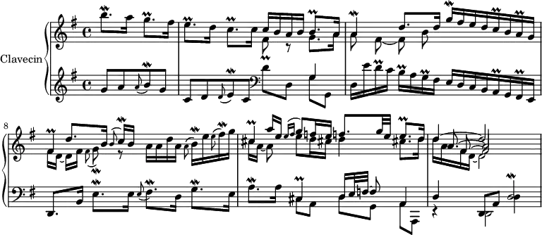 
\version "2.18.2"
\header {
  tagline = ##f
}

Mordaq    = { \tag #'print { a4\mordent } \tag #'midi { a32 g a16~ a8 }  }
Mordahp   = { \tag #'print { a'8.^\mordent } \tag #'midi { a32 g a8 }  }
Mordbhp   = { \tag #'print { b'8.\mordent } \tag #'midi { b32 a b8 }  }
Mordbh    = { \tag #'print { b8\mordent) } \tag #'midi { b32 a b~ b }  }
Mordbq    = { \tag #'print { g16^\mordent) } \tag #'midi { g32 fis g }  }
Mordgh    = { \tag #'print { g8\mordent) } \tag #'midi { g32 fis g16~ }  }
Mordghp   = { \tag #'print { g8.\mordent } \tag #'midi { g32 fis g8 }  }
Mordbs    = { \tag #'print { b16^\mordent) } \tag #'midi { \times 2/3 { b32 cis c } }  }
Mordcs    = { \tag #'print { c16\mordent)[) } \tag #'midi { \times 2/3 { c32 b c } }  }
MorddB    = { \tag #'print { d2\mordent) } \tag #'midi { d32 cis d8~ d4 }  }
Mordehp   = { \tag #'print { e8.\mordent } \tag #'midi { e32 d e8 }  }
Mordeh    = { \tag #'print { e8\mordent) } \tag #'midi { e32 d e~ e }  }
Mordfishp = { \tag #'print { fis8.\mordent) } \tag #'midi { fis32 e fis8 }  }
Mordfish  = { \tag #'print { fis16^\mordent) } \tag #'midi { \times 2/3 { fis32 e fis } }  }
Mordgs    = { \tag #'print { g16\mordent[ } \tag #'midi { \times 2/3 { g32 fis g } }  }

Prallas      = { \tag #'print { a16\prall) } \tag #'midi { \times 2/3 { a32 b a } } }
Prallbhp     = { \tag #'print { b8.\prall } \tag #'midi { \times 2/3 { c32 b c } b~ b16. }  }
Prallbs      = { \tag #'print { b16\prall) } \tag #'midi { \times 2/3 { c32 b c } } }
Prallchp     = { \tag #'print { c8.\prall } \tag #'midi { \times 2/3 { d32 c d } c~ c16. }  }
Prallcs      = { \tag #'print { c16\prall } \tag #'midi { \times 2/3 { d32 c d } } }
Prallcisq    = { \tag #'print { cis4\prall } \tag #'midi { \times 2/3 { d32 cis32 d~ } d16 } }
Pralldq      = { \tag #'print { d4\prall } \tag #'midi { \times 2/3 { e32 d e } d16 } }
Prallds      = { \tag #'print { d16\prall) } \tag #'midi { \times 2/3 { e32 d e } } }
Prallefishp  = { \tag #'print { e8.\prall } \tag #'midi { \times 2/3 { fis32 e fis } e~ e16. }  }
Prallehp     = { \tag #'print { e8.\prall } \tag #'midi { \times 2/3 { f32 e f } e~ e16. }  }
Prallfh      = { \tag #'print { fis8\prall } \tag #'midi { \times 2/3 { g32 fis g } fis16 }  }
Prallfisq    = { \tag #'print { fis,4\prall } \tag #'midi { \times 2/3 { g32 fis g } fis16 }  }
Prallfish    = { \tag #'print { fis16\prall } \tag #'midi { \times 2/3 { g32 fis g } }  }
Prallghp     = { \tag #'print { g8.\prall } \tag #'midi { \times 2/3 { a32 g a } g~ g16. }  }
Prallgs      = { \tag #'print { g16\prall) } \tag #'midi { \times 2/3 { a32 g a } } }

upper = \relative c'' {
  \clef treble 
  \key g \major
  \time 4/4
  \tempo 4 = 58
  %\autoBeamOff
  \set Staff.midiInstrument = #"harpsichord"
  \override TupletBracket #'bracket-visibility = ##f
  \set Score.currentBarNumber = #6

  %% Ms. 0
  \partial 2 \Mordbhp a16 \Prallghp fis16

  %% Ms. 1
  \Prallefishp d16 \Prallchp c16 << { c16 b a b \Prallbhp a16 } \\ { \Prallfh r8 g8. a16 } >>

  %% Ms. 2
  << { \Mordaq d8. d16 \Mordgs fis e d \Prallcs b16 \Prallas g16] } \\ { \autoBeamOff a8 fis~ fis b } >>

  %% Ms. 3
  << { s8 d8.[ b16] \grace { b8( } \Mordcs b16]  } \\ { fis16[ d~] d[ fis]  \grace { fis8( } \Mordgh r8 a16 a d a \grace { a8^( } \Mordbs e16 \grace { e8^( } \Mordfish g16 } \\ { \Prallfisq } >>

  %% Ms. 4
  << { s8 a'16 e \grace { e16([ fis] } g8) f!16 e f!8. g32 e \Prallehp d16 } \\ { cis16[ a~] a8 e'8 d16 cis! d4 cis!8. d16 } \\ { \Prallcisq } >>

  %% Ms. 5
  << { d4~ d2 } \\ { d16 a fis d~ d2 s4 } \\ { s8 fis8~ fis2 } \\ { s16 \stemUp a8.^~ a2 } >>

}

lower = \relative c {
  \clef bass
  \key g \major
  \time 4/4
  \set Staff.midiInstrument = #"harpsichord"
    % **************************************

   
   \clef treble g''8 a \grace { a8( } \Mordbh g8
   c,8 d \grace { d8( } \Mordeh c8 \clef bass d8 d, << { g4 } \\ { g8 g, } >>
   d'16 e' \Prallds c16 \Prallbs a16 \Prallgs fis16 e[ d c b \Prallas g16 \Prallfish e16]
   d8. b'16 \Mordehp e16 \grace { e8( } \Mordfishp d16 \Mordghp e16 
   << { s4 \Prallcisq \tag #'print d16[ \tag #'midi r16 e32 f!~] f8 a,4 } \\ { \Mordahp a16 \tag #'print cis,8[ \tag #'midi r8 a] d8[ g,] a[ a,] } >>
   << { d'4 d,8 a' \MorddB } \\ { r4 s4 d4 } \\ { s4 \stemDown d,2 }  >>

}

thePianoStaff = \new PianoStaff <<
    \set PianoStaff.instrumentName = #"Clavecin"
    \new Staff = "upper" \upper
    \new Staff = "lower" \lower
  >>

\score {
  \keepWithTag #'print \thePianoStaff
  \layout {
    \context {
      \Score
      \remove "Metronome_mark_engraver"
    }
  }
}

\score {
  \keepWithTag #'midi \thePianoStaff
  \midi { }
}

