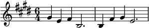  \relative c'' {\time 6/4  \key e \major gis4 e fis b,2. | b4 fis' gis e2. |}