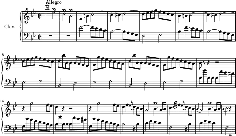 
\version "2.18.2"
\header {
  tagline = ##f
}

%% les petites notes
trillBesUp = { \tag #'print { bes'2\prall } \tag #'midi { c32 bes c bes~ bes8~ bes4 } }
trillBes = { \tag #'print { bes2\prall } \tag #'midi { c32 bes c bes~ bes8~ bes4 } }
trillF = { \tag #'print { f2\prall } \tag #'midi { g32 f g f~ f8~ f4 } }
trillD = { \tag #'print { d2\prall } \tag #'midi { ees32 d ees d~ d8~ d4 } }
trillBesqp = { \tag #'print { bes4.\prall } \tag #'midi { c32 bes c bes~ bes8~ bes8 } }
appoC = { \tag #'print { \appoggiatura bes4 c2 } \tag #'midi { bes4 c4 } }
fMuet = { \tag #'print { f4 } \tag #'midi { s4 } }

upper = \relative c'' {
  \clef treble 
  \key bes \major
  \time 2/2
  \tempo 2 = 90
  \set Staff.midiInstrument = #"harpsichord"

      s8*0^\markup{Allegro}
      \trillBesUp \trillF | \trillD \trillBes | \fMuet b4 c2~ | c4 cis d2~ | d8 ees f g f ees d c | bes4 b c2~ | c4 cis d2~ | d8 ees f g f ees d c |
      % ms. 9
      \repeat unfold 2 { d8 bes' bes, bes bes a g f | g g' f ees d c bes a } |
      % ms. 13
      bes8 r8 r4 r2 | r4 g'2 f8 ees | d4 r4 r2 | r4 g2 f8 ees |
      % ms. 17
      d4 f \appoggiatura ees16 d4 c8 bes | a2 \trillBesqp a16 bes | c4 \grace { d16( ees } f4) \appoggiatura ees16 d4 c8 bes | \appoggiatura bes4 a2 \trillBesqp a16 bes |
      % ms. 21
      \appoC r4 s4


}

lower = \relative c' {
  \clef bass
  \key bes \major
  \time 2/2
  \set Staff.midiInstrument = #"harpsichord"

    % **************************************
      R1*2 | f2~ f8 ees d c  | bes2~ bes8 a g f | ees2 f | bes4 f'4. ees8 d c | bes2~ bes8 a g f | ees2 f |
      \repeat unfold 2 { bes,2 d | ees f } |
      % ms. 13
      \repeat unfold 2 { bes8 bes' bes, bes bes a' g fis | g, g' f ees d c bes a } |
      % ms. 17
      bes2 \repeat unfold 2 { r4 bes4 | c4 ees d c | f,2 } f,2 | 

}

thePianoStaff = \new PianoStaff <<
    \set PianoStaff.instrumentName = #"Clav."
    \new Staff = "upper" \upper
    \new Staff = "lower" \lower
  >>

\score {
  \keepWithTag #'print \thePianoStaff
  \layout {
      #(layout-set-staff-size 17)
    \context {
      \Score
     \override SpacingSpanner.common-shortest-duration = #(ly:make-moment 1/2)
      \remove "Metronome_mark_engraver"
    }
  }
}

\score {
  \keepWithTag #'midi \thePianoStaff
  \midi { }
}
