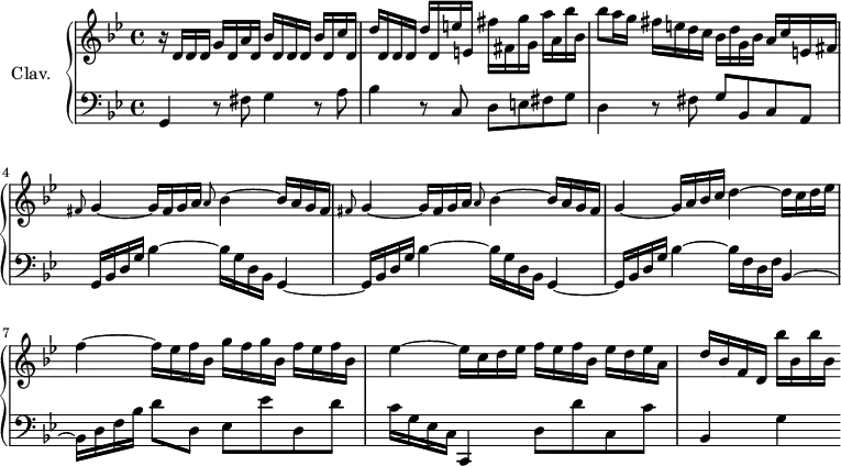 \version "2.18.2"
\header {
tagline=##f
}
upper=\relative c' {
\clef treble
\key g \minor
\time 4/4
\tempo 4=104
\tempo "Allegro"
\set Staff.midiInstrument=#"harpsichord"
r16 d16 d d g d a' d, bes' d, d d bes' d, c' d,|d' d, d d d' d, e' e, fis' fis, g' g, a' a, bes' bes, bes'8 a16 g fis e d c
bes16 d g, bes a c e, fis|\repeat unfold 2 { \grace fis8 g4~ g16 fis g a \grace a8 bes4~ bes16 a g fis }|
g4~ g16 a bes c d4~ d16 c d ees f4~ f16 ees f bes, g' f g bes, f' ees f bes,|ees4~ ees16 c d ees f ees f bes, ees d ees a,|d16 bes f d bes''16 bes, bes' bes,
}
lower=\relative c' {
\clef bass
\key g \minor
\time 4/4
\set Staff.midiInstrument=#"harpsichord"
g,4 r8 fis'8 g4 r8 a8|bes4 r8 c,8 d e fis g|d4 r8 fis8|g bes, c a|\repeat unfold 2 { g16 bes d g bes4~ bes16 g d bes g4~ }|g16 bes d g bes4~ bes16 f d f bes,4~ bes16 d f bes d8 d, ees ees' d, d'|c16 g ees c c,4 d'8 d' c, c' bes,4 g'
}
\score {
\new PianoStaff <<
\set PianoStaff.instrumentName=#"Clav."
\new Staff="upper" \upper
\new Staff="lower" \lower
>>
\layout {
#(layout-set-staff-size 18)
\context {
\Score
\override SpacingSpanner.common-shortest-duration=#(ly:make-moment 1/2)
\remove "Metronome_mark_engraver"
}
}
\midi { }
}