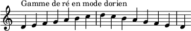 {
\override Score.TimeSignature #'stencil = ##f
\relative c' {
\key d \dorian
\clef treble \time 7/4
d4^\markup { Gamme de ré en mode dorien } e f g a b c d c b a g f e d
} }
