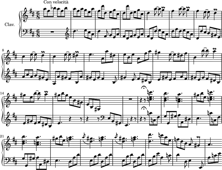 \version "2.18.2"
\header {
tagline = ##f
% composer = "Domenico Scarlatti"
% opus = "K. 278"
% meter = "Con velocità"
}
%% les petites notes
trillG = { \tag #'print { g4\prall } \tag #'midi { a32 g a g~ g8 } }
trillD = { \tag #'print { d4\prall } \tag #'midi { e32 d e d~ d8 } }
trillDis = { \tag #'print { dis4\prall } \tag #'midi { e32 dis e dis~ dis8 } }
trillA = { \tag #'print { a4\prall } \tag #'midi { b32 a b a~ a8 } }
trillGis = { \tag #'print { gis4\prall } \tag #'midi { a32 gis a gis~ gis8 } }
upper = \relative c'' {
\clef treble
\key d \major
\time 6/8
\tempo 4. = 112
s8*0^\markup{Con velocità}
\repeat unfold 2 { a'8 fis bes } | a fis a g e a | fis d' d, e g cis, | d d' d, e g cis, |
% ms. 5
d4 \repeat unfold 2 { a'8~ a \trillG | fis4 } \repeat unfold 2 { e8~ e \trillD |
% ms. 9
cis4 } e8~ e \trillDis | e4. a,8 a' dis, | e b e a, fis' a | gis4 e8~ e dis fis |
% ms. 13
b,4 b'8~ b \trillA | gis8 e b'~ b \trillA | gis8 b gis e b gis | e b gis s4. |
% ms. 17
R2. | r4^\markup { \translate #'(1.8 . 0.1) \musicglyph #"scripts.ufermata" } r8
% ms. 18
\repeat unfold 2 { < c' e c' >4. | < b d b' > < a c a' > | gis'8 b e, } < f a >4. |
\repeat unfold 2 { \acciaccatura a8 < d, gis >4. < f a > }
% ms. 25
< d d' >4. c'8 a e | f d b a \trillGis | a4.
}
lower = \relative c' {
\clef bass
\key d \major
\time 6/8
% ************************************** \appoggiatura a16 \repeat unfold 2 { } \times 2/3 { } \omit TupletNumber
R2. \clef treble | d'4. e8 cis a | d4 fis,8 g e a | fis d fis g e a |
% ms. 5
fis8 d d' e cis a | d fis d e cis a | d, d' cis b gis e | a cis a b gis e |
% ms. 9
a, a' gis fis b, a' | gis e gis fis4 b,8 | gis'4 e8 fis dis b | e gis e fis a fis |
% ms. 13
gis8 e gis fis dis b | e gis e fis dis b | e4. r4 r8 | r4 r8 \clef bass e,8 b gis |
% ms. 17
e4. r4 r8 | r4^\markup { \translate #'(1.8 . 0.1) \musicglyph #"scripts.ufermata" } r8 \repeat unfold 2 { c''8 c, fis |
% ms. 21
g g, gis' a a, dis | e4. } \repeat unfold 2 { d8 a' d | e, b' d } | d,8 a' d |
% ms. 25
e, b' e | a,4 c8 | d4 d,8 e4 e,8 | a'8 c e |
}
thePianoStaff = \new PianoStaff <<
\set PianoStaff.instrumentName = #"Clav."
\new Staff = "upper" \upper
\new Staff = "lower" \lower
>>
\score {
\keepWithTag #'print \thePianoStaff
\layout {
#(layout-set-staff-size 17)
\context {
\Score
\override TupletBracket.bracket-visibility = ##f
\override SpacingSpanner.common-shortest-duration = #(ly:make-moment 1/2)
\remove "Metronome_mark_engraver"
}
}
}
\score {
\keepWithTag #'midi \thePianoStaff
\midi { \set Staff.midiInstrument = #"harpsichord" }
}