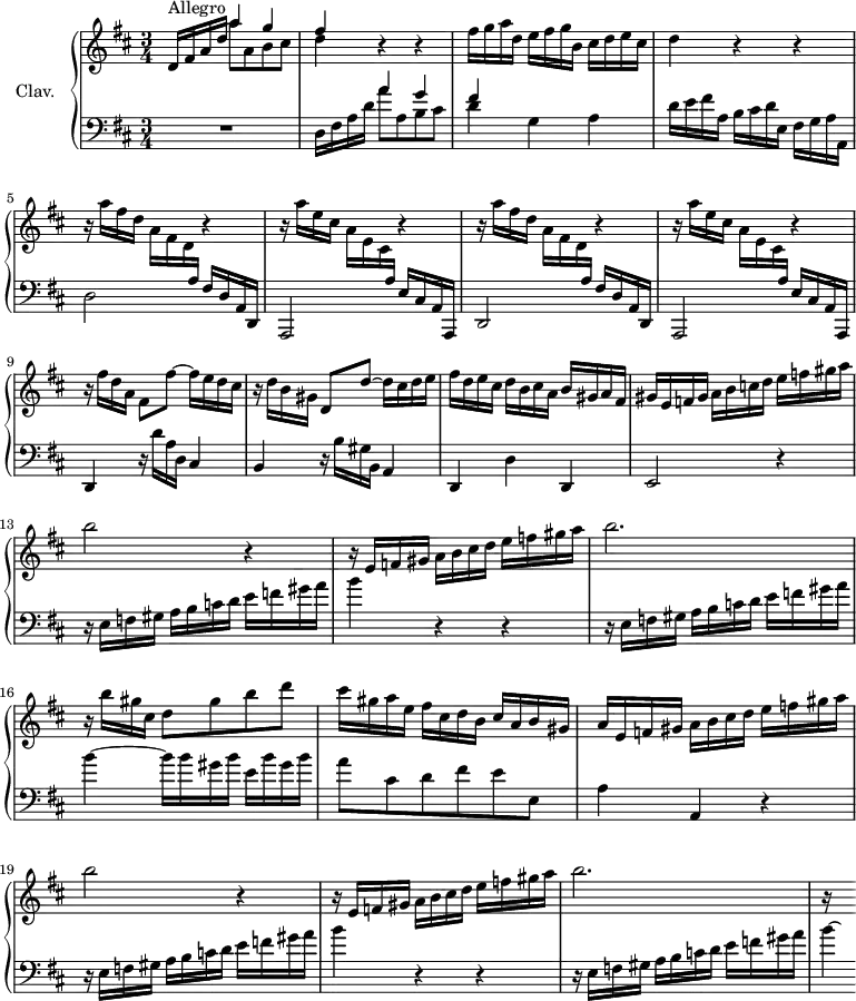 \version "2.18.2"
\header {
tagline = ##f
% composer = "Domenico Scarlatti"
% opus = "K. 535"
% meter = "Allegro"
}
%% les petites notes
%trillBesp = { \tag #'print { bes4.\prall } \tag #'midi { c32 bes c bes~ bes4 } }
upper = \relative c'' {
\clef treble
\key d \major
\time 3/4
\tempo 4 = 96
\set Staff.midiInstrument = #"harpsichord"
\override TupletBracket.bracket-visibility = ##f
s8*0^\markup{Allegro}
d,16 fis a d << { a'4 g | fis } \\ { a8 a, b cis | d4 } >> r4 r4 | fis16 g a d, e fis g b, cis d e cis |
% ms. 4
d4 r4 r4 | \repeat unfold 2 { r16 a'16 fis d a fis d \change Staff = "lower" a \change Staff = "upper" r4 | r16 a''16 e cis a e cis \change Staff = "lower" a \change Staff = "upper" r4 } |
% ms. 9
r16 fis''16 d a fis8 fis'~ fis16 e d cis | r16 d16 b gis d8 d'~ d16 cis d e |
% ms. 11
fis16 d e cis d b cis a b gis a fis | gis e f gis a b c d e f gis a | b2 r4 |
% ms. 14
r16 e,,16 f gis a b cis d e f gis a | b2. | r16 b16 gis cis, d8 gis b d |
% ms. 17
cis16 gis a e fis cis d b cis a b gis | a e f gis a b cis d e f gis a | b2 r4 |
% ms. 20
r16 e,,16 f gis a b cis d e f gis a | b2. | r16 s16
}
lower = \relative c' {
\clef bass
\key d \major
\time 3/4
\set Staff.midiInstrument = #"harpsichord"
\override TupletBracket.bracket-visibility = ##f
% ************************************** \appoggiatura a16 \repeat unfold 2 { } \times 2/3 { } \omit TupletNumber
R2. | d,16 fis a d << { a'4 g | fis } \\ { a8 a, b cis | d4 } >> g,4 a |
% ms. 4
d16 e fis a, b cis d e, fis g a a, | d2 fis16 d a d, | a2 e''16 cis a a, | d2 fis'16 d a d, |
% ms. 8
a2 e''16 cis a a, | d4 r16 d''16 a d, cis4 | b r16 b'16 gis b, a4 |
% ms. 11
d,4 d' d, | e2 r4 | r16 e'16 f gis a b c d e f gis a |
% ms. 14
b4 r4 r4 | r16 e,,16 f gis a b c d e f gis a | b4~ b16 b gis b e, b' gis b |
% ms. 17
a8 cis, d fis e e, | a4 a, r4 | r16 e'16 f gis a b c d e f gis a |
% ms. 20
b4 r4 r4 | r16 e,,16 f gis a b c d e f gis a | b4*1/8~ \hideNotes b16 % b gis b e, b' gis b |
}
thePianoStaff = \new PianoStaff <<
\set PianoStaff.instrumentName = #"Clav."
\new Staff = "upper" \upper
\new Staff = "lower" \lower
>>
\score {
\keepWithTag #'print \thePianoStaff
\layout {
#(layout-set-staff-size 17)
\context {
\Score
\override SpacingSpanner.common-shortest-duration = #(ly:make-moment 1/2)
\remove "Metronome_mark_engraver"
}
}
}
\score {
\keepWithTag #'midi \thePianoStaff
\midi { }
}