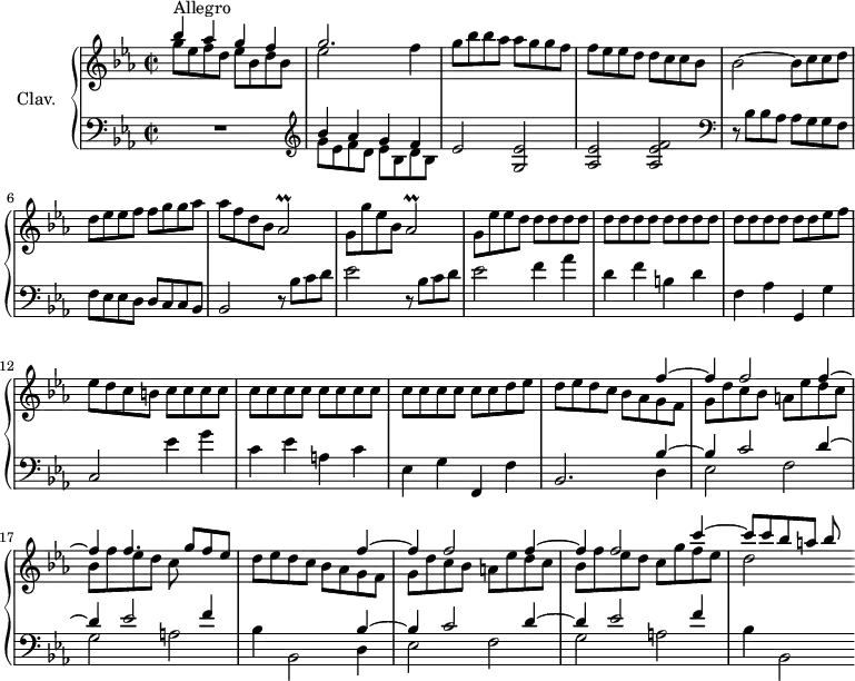 \version "2.18.2"
\header {
tagline = ##f
% composer = "Domenico Scarlatti"
% opus = "K. 370"
% meter = "Allegro"
}
%% les petites notes
trillAesb = { \tag #'print { aes2\prall } \tag #'midi { bes32 aes bes aes~ aes8~ aes4 } }
upper = \relative c'' {
\clef treble
\key ees \major
\time 2/2
\tempo 2 = 80
\set Staff.midiInstrument = #"harpsichord"
\override TupletBracket.bracket-visibility = ##f
s8*0^\markup{Allegro}
<< { bes'4 aes g f | g2. } \\ { g8 ees f d ees bes d bes | ees2 } >> f4 | g8 bes bes aes aes g g f |
% ms. 4
f8 ees ees d d c c bes | bes2~ bes8 c c d | d ees ees f f g g aes | aes f d bes \trillAesb |
% ms. 8
g8 g' ees bes \trillAesb | g8 ees' ees \repeat unfold 19 { d8 } ees f |
% ms. 12
ees8 d c b \repeat unfold 18 { c8 } d ees | d ees d c << { s4 f4~ | f4 f2 f4~ | f f4. g8 f ees } \\ { bes8 aes g f | g d' c bes a ees' d c | bes f' ees d c } >>
% ms. 18
d8 ees d c << { s4 f4~ | f4 f2 f4~ | f f2 c'4~ | c8 c bes a bes } \\ { bes,8 aes g f | g d' c bes a ees' d c | bes f' ees d c g' f ees | d2 } >>
% ms. 20
}
lower = \relative c' {
\clef bass
\key ees \major
\time 2/2
\set Staff.midiInstrument = #"harpsichord"
\override TupletBracket.bracket-visibility = ##f
% ************************************** \appoggiatura a16 \repeat unfold 2 { } \times 2/3 { } \omit TupletNumber
R1 | \clef treble << { bes'4 aes g f } \\ { g8 ees f d ees bes d bes } >> ees2 < g, ees' >2 |
% ms. 4
< aes ees' >2 < aes ees' f > \clef bass r8 bes8 bes aes aes g g f | f ees ees d d c c bes | bes2 \repeat unfold 2 { r8 bes'8 c d |
% ms. 9
ees2 } f4 aes | d, f b, d | f, aes g, g' |
% ms. 12
c,2 ees'4 g | c, ees a, c | ees, g f, f' | bes,2.
% ms. 15 fin
\repeat unfold 2 { << { bes'4~ | bes c2 d4~ | d ees2 f4 } \\ { d,4 | ees2 f | g a | bes4 bes,2 } >> }
% ms. 20
}
thePianoStaff = \new PianoStaff <<
\set PianoStaff.instrumentName = #"Clav."
\new Staff = "upper" \upper
\new Staff = "lower" \lower
>>
\score {
\keepWithTag #'print \thePianoStaff
\layout {
#(layout-set-staff-size 17)
\context {
\Score
\override SpacingSpanner.common-shortest-duration = #(ly:make-moment 1/2)
\remove "Metronome_mark_engraver"
}
}
}
\score {
\keepWithTag #'midi \thePianoStaff
\midi { }
}