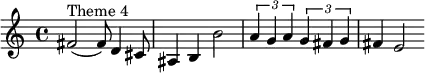 \relative c' {fis2^"Theme 4"( fis8) d4 cis8 ais4 b b'2 \times2/3 { a4 g a }\times2/3 { g4 fis g } fis e2}