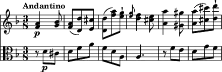 <<
\new Staff
\relative c' {
\version "2.18.2"
\key f \major
\tempo "Andantino"
\time 3/8
<f a>4\p <g bes>8
<f a> ( <d d'>) <e cis'>
<d d'> (<f' a>) <e g>-!
<< {\grace e8 d4 cis8} {\grace g'8 f4 e8}>>
<a, a'>4 <gis gis'>8
<a a'> (<cis cis'>) <d d'>-!
}
\new Staff
\relative c' {
\clef alto
\key f \major
\time 3/8
r8 d8\p cis
d f a
f d a
a4.
r8 f'8 e
d g f
}
>>