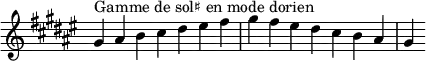 {
\override Score.TimeSignature #'stencil = ##f
\relative c'' {
\key gis \dorian
\clef treble \time 7/4
gis4^\markup { Gamme de sol♯ en mode dorien } ais b cis dis eis fis gis fis eis dis cis b ais gis
} }