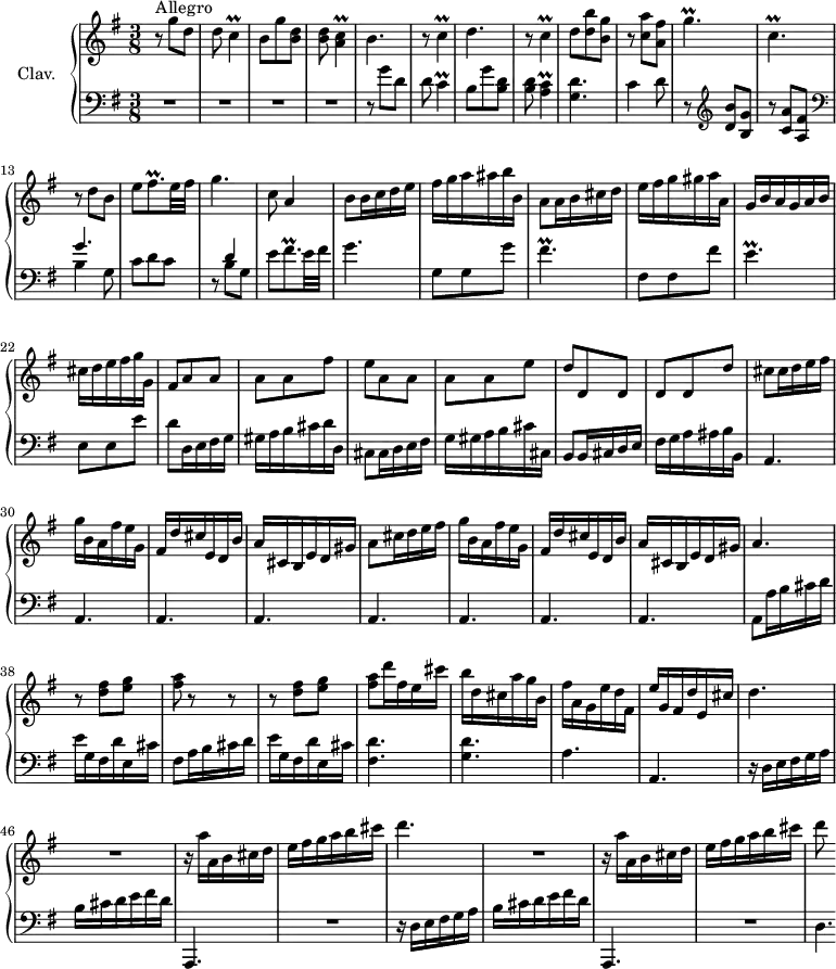 
\version "2.18.2"
\header {
  tagline = ##f
  % composer = "Domenico Scarlatti"
  % opus = "K. 449"
  % meter = "Allegro"
}

%% les petites notes
trillC         = { \tag #'print { c4\prall } \tag #'midi { d32 c d c~ c8 } }
trillAC        = { \tag #'print { < a c >4\prall } \tag #'midi { << { d32 c d c~ c8 } \\ { a4 } >> } }
trillGpUp      = { \tag #'print { g'4.\prall } \tag #'midi { a32 g a g~ g4 } }
trillCpDown    = { \tag #'print { c,4.\prall } \tag #'midi { d32 c d c~ c4 } }
trillFisqp     = { \tag #'print { fis8.\prall } \tag #'midi { g32 fis g fis~ fis16 } }
trillFisp      = { \tag #'print { fis4.\prall } \tag #'midi { g32 fis g fis~ fis4 } }
trillEp        = { \tag #'print { e4.\prall } \tag #'midi { fis32 e fis e~ e4 } }


upper = \relative c'' {
  \clef treble 
  \key g \major
  \time 3/8
  \tempo 4. = 78
  \set Staff.midiInstrument = #"harpsichord"
  \override TupletBracket.bracket-visibility = ##f

      s8*0^\markup{Allegro}
      r8 g'8 d | d \trillC | b8 g' < b, d > | q \trillAC | b4. | r8 \trillC |
      % ms. 7
      d4. | r8 \trillC | d8 < d b' > < b g' > | r8 < c a' > < a fis' > | \trillGpUp | \trillCpDown | r8 d8 b |
      % ms. 14
      e8 \trillFisqp e32 fis | g4. | c,8 a4 | b8 b16 c d e | fis g a ais b b, | a8 a16 b cis d | 
      % ms. 20
      e16 fis g gis a a, | g b a g a b | cis d e fis g g, | fis8 a a | a a fis' | e a, a  | 
      % ms. 26
      a8 a e' | d d, d | d d d' | cis8 cis16 d e fis | g b, a fis' e g, | fis d' cis e, d b' |
      % ms. 32
      a16 cis, b e d gis | a8 cis16 d e fis | g b, a fis' e g, | fis d' cis e, d b' | a cis, b e d gis | a4. |
      % ms. 38
      r8 < d fis >8 < e g > | < fis a > r8 r8 | r8 < d fis > < e g > | < fis a > d'16 fis, e cis' b | d, cis a' g b, | fis' a, g e' d fis, |
      % ms. 44
      e'16 g, fis d' e, cis' | d4. | R4. | r16 a'16 a, b cis d e fis g a b cis | d4. |
      % ms. 50
      R4. | r16 a16 a, b cis d e fis g a b cis | d8

}

lower = \relative c' {
  \clef bass
  \key g \major
  \time 3/8
  \set Staff.midiInstrument = #"harpsichord"
  \override TupletBracket.bracket-visibility = ##f

    % ************************************** \appoggiatura a16  \repeat unfold 2 {  } \times 2/3 { }   \omit TupletNumber 
      R4.*4 | r8 g'8 d | d \trillC |
      % ms. 7
      b8 g' < b, d > | q \trillAC | < g d' >4. | c4 d8 | r8   \clef treble < d b' >8 < b g' > | r8 < c a' >8 < a fis'> |   \clef bass << { g'4. } \\ { b,4 g8 } >>
      % ms. 14
      c8 d c | r8 << { d4 } \\ { b8 g } >> e'8 \trillFisqp e32 fis | g4. | g,8 g g' | \trillFisp | 
      % ms. 20
      fis,8 fis fis' | \trillEp | e,8 e e' | d8 d,16 e fis g | gis a b cis d d, | cis8 cis16 d e fis |
      % ms. 26
      g16 gis a b cis cis, | b8 b16 cis d e | fis g a ais b b, | \repeat unfold 8 { a4. } | a8 a'16 b cis d |
      % ms. 38
      e16 g, fis d' e, cis' | fis,8 a16 b cis d | e g, fis d' e, cis' | < fis, d' >4. | < g d' > | a |
      % ms. 44
      a,4. | r16 d16 e fis g a | b cis d e fis d | a,,4. | R4. | r16 d'16 e fis g a | b cis d e fis d | a,,4. |
      % ms. 52
      R4. | d'4.*1/2

}

thePianoStaff = \new PianoStaff <<
    \set PianoStaff.instrumentName = #"Clav."
    \new Staff = "upper" \upper
    \new Staff = "lower" \lower
  >>

\score {
  \keepWithTag #'print \thePianoStaff
  \layout {
      #(layout-set-staff-size 17)
    \context {
      \Score
     \override SpacingSpanner.common-shortest-duration = #(ly:make-moment 1/2)
      \remove "Metronome_mark_engraver"
    }
  }
}

\score {
  \keepWithTag #'midi \thePianoStaff
  \midi { }
}
