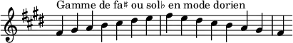 {
\override Score.TimeSignature #'stencil = ##f
\relative c' {
\key fis \dorian
\clef treble \time 7/4
fis4^\markup { Gamme de fa♯ ou sol♭ en mode dorien } gis a b cis dis e fis e dis cis b a gis fis
} }