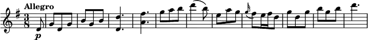 \relative c'' {
\version "2.18.2"
\key g \major
\tempo "Allegro"
\time 3/8
\tempo 4 = 160
\partial 2 d,8 \p
g d g b g b
<d, d'>4.
<a' fis'>4.
g'8 a b
d4 (b8)
e,8 a g
\grace g16 (fis8) e16 fis d8
g d g b g b
d4.
}