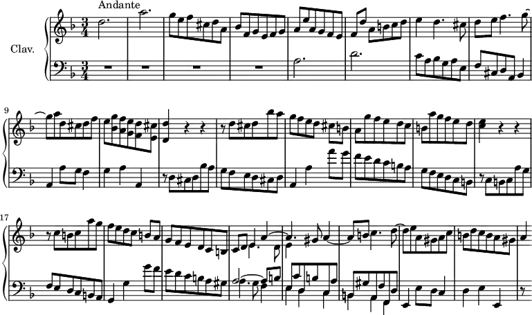 
\version "2.18.2"
\header {
  tagline = ##f
}

%% les petites notes
trillBesp = { \tag #'print { bes4.\prall } \tag #'midi { c16 bes c bes c bes } }

upper = \relative c'' {
  \clef treble 
  \key d \minor
  \time 3/4
  \tempo 4 = 76
  \set Staff.midiInstrument = #"harpsichord"

      s8*0^\markup{Andante}
      d2. a'2. | g8 e f cis d a | bes f g e f g | a e' a, g f e |
      % ms. 6
      f8[ d'] a b c d | e4 d4. cis8 | d8 e f4. g8~ g a d, cis d f | e < bes g' > < a f' > < g e' > < f d' > < e cis' >
      % ms. 11
      < d d' >4 r4 r4 | r8 d'8 cis d bes' a | g f e d cis[ b] | a g' f e d c | b a' g f e d |
      % ms. 16
      < c e >4 r4 r4 | r8 c b c a' g | f e d c b[ a] | g f e d c b | c d << { e4 a~ | a4. gis8  } \\ { \mergeDifferentlyDottedOn e4. d8 | e4 } >> a4~ |
      % ms. 22
      a8 b c4. d8~ | d e a, gis a c | b d c b a gis | a4

}

lower = \relative c' {
  \clef bass
  \key d \minor
  \time 3/4
  \set Staff.midiInstrument = #"harpsichord"

    % **************************************
      R2.*4 | a2. | d | c8 a bes g a e | f cis d a  bes4 | a4 a'8 g f4 | g a a, |
      % ms. 11
      r8 d8 cis d bes' a | g f e d cis d | a4 a' a'8 g f e d c b a | g f e d c b |
      % ms. 16
      r8 c b c a' g | f e d c b  a | g4 g' | g'8 f e d c b a gis | << { a2~ a8 b | e, c' d, b' c, a' | b, gis' a, f' f, d' } \\ { a'4. g8 f4 | e d c | b a f  } >>
      % ms. 23
      e4 e'8 d c4 | d e e, | r8 s8 % a'8

}

thePianoStaff = \new PianoStaff <<
    \set PianoStaff.instrumentName = #"Clav."
    \new Staff = "upper" \upper
    \new Staff = "lower" \lower
  >>

\score {
  \keepWithTag #'print \thePianoStaff
  \layout {
      #(layout-set-staff-size 17)
    \context {
      \Score
     \override SpacingSpanner.common-shortest-duration = #(ly:make-moment 1/2)
      \remove "Metronome_mark_engraver"
    }
  }
}

\score {
  \keepWithTag #'midi \thePianoStaff
  \midi { }
}
