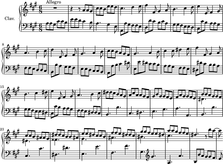 
\version "2.18.2"
\header {
  tagline = ##f
  % composer = "Domenico Scarlatti"
  % opus = "K. 405"
  % meter = "Allegro"
}

%% les petites notes
trillBesp     = { \tag #'print { bes4.\prall } \tag #'midi { c32 bes c bes~ bes4 } }

upper = \relative c'' {
  \clef treble 
  \key a \major
  \time 6/8
  \tempo 4. = 98
  \set Staff.midiInstrument = #"harpsichord"
  \override TupletBracket.bracket-visibility = ##f

      s8*0^\markup{Allegro}
      R2. r4 r8 a8 a gis | cis cis b e e d | cis4. d4 e8 |
      % ms. 5
      fis4 fis,8 gis4 a8 | b4. cis4 d8 | e4 e,8 fis4 gis8 | a4. b4 cis8 | d4 d,8 e4 fis8 |
      % ms. 10
      gis4. a4 b8 | cis8 cis b a gis fis | gis4. a4 b8 | cis4 cis8 dis4 e8 | fis4 fis,8 gis4 a8 |
      % ms. 15
      b4. cis4 dis8 | e4 e,8 fis4 gis8 | a4. b4 cis8 | dis8 dis cis b a gis | a cis a a gis fis |
      % ms. 20
      gis8 b gis gis fis e | fis a gis gis fis e | 
      << { b'8 b a gis gis fis | cis' cis b ais ais gis | dis' dis cis b b ais } 
      \\ { dis,4. s4. eis s4. fisis } >>
      % ms. 25
      << { e'8 e dis cis cis b | fis' fis e dis dis cis | gis' gis fis e e dis | a' a gis fis fis e | dis4. }  |
      \\ { gis,4. s4. ais s4. bis s4. cis } >> | r8 b'8 a~
      % ms. 30
      a8 

}

lower = \relative c' {
  \clef bass
  \key a \major
  \time 6/8
  \set Staff.midiInstrument = #"harpsichord"
  \override TupletBracket.bracket-visibility = ##f

    % ************************************** \appoggiatura \repeat unfold 2 {  } \times 2/3 { }
      a8 a gis cis cis b | e e d cis4 b8 | a4. gis4 e8 | a, a' gis fis fis e |
      % ms. 5
      d8 d' cis b cis a | gis gis fis e e d | cis cis' b a a gis | fis fis e d d cis | b b' a gis gis  fis |
      % ms. 10
      e8 e d cis cis b | a a' b cis4 dis8 | e, e' dis cis cis b | a a gis fis fis e | dis dis' cis b b a |
      % ms. 15
      gis8 gis fis e e dis | cis cis' b a a gis | fis fis e dis dis cis | b4. b' | cis, dis |
      % ms. 20
      e4. gis | a a, | b b' | cis, cis' | dis, dis'
      % ms. 25
      e,4. e' | fis, fis' | gis,   \clef treble  gis'4. a, a' | b,8 b' a gis gis fis |
      % ms. 30
      e8

}

thePianoStaff = \new PianoStaff <<
    \set PianoStaff.instrumentName = #"Clav."
    \new Staff = "upper" \upper
    \new Staff = "lower" \lower
  >>

\score {
  \keepWithTag #'print \thePianoStaff
  \layout {
      #(layout-set-staff-size 17)
    \context {
      \Score
     \override SpacingSpanner.common-shortest-duration = #(ly:make-moment 1/2)
      \remove "Metronome_mark_engraver"
    }
  }
}

\score {
  \keepWithTag #'midi \thePianoStaff
  \midi { }
}
