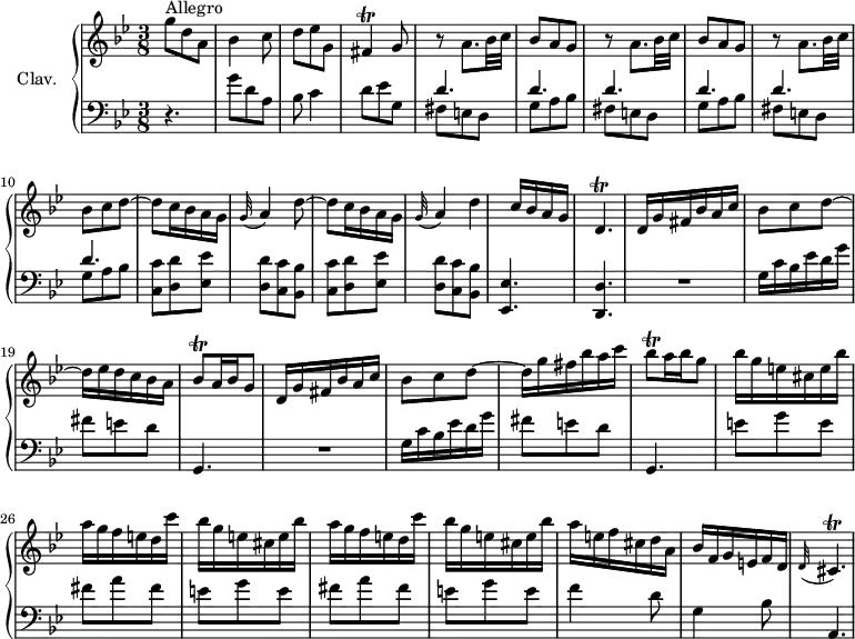 \version "2.18.2"
\header {
tagline = ##f
% composer = "Domenico Scarlatti"
% opus = "K. 102"
% meter = "Allegro"
}
%% les petites notes
trillFis = { \tag #'print { fis4\trill } \tag #'midi { g32 fis g fis~ fis8 } }
trillDp = { \tag #'print { d4.\trill } \tag #'midi { e32 d e d~ d4 } }
trillBesq = { \tag #'print { bes8\trill } \tag #'midi { c32 bes c bes } }
trillDpAppo = { \tag #'print { \appoggiatura d32 cis4.\trill } \tag #'midi { e32 d e d e d e d } }
upper = \relative c'' {
\clef treble
\key g \minor
\time 3/8
\tempo 4. = 76
\set Staff.midiInstrument = #"harpsichord"
\override TupletBracket.bracket-visibility = ##f
s8*0^\markup{Allegro}
g'8 d a | bes4 c8 | d8 ees g, | \trillFis g8 | \repeat unfold 2 { r8 a8. bes32 c |
% ms. 6
bes8 a g } | r8 a8. bes32 c | bes8 c \repeat unfold 2 { d~ | d c16 bes a g |
% ms. 12
\appoggiatura g32 a4 } | d c16 bes a g | \trillDp | d16 g fis bes a c |
% ms. 18
bes8 c d~ | d16 ees d c bes a | \trillBesq a16 bes g8 | d16 g fis bes a c | bes8 c d~ |
% ms. 23
d16 g fis bes a c | \trillBesq a16 bes g8 | bes16 g e cis e bes' | \repeat unfold 2 { a16 g f e d c' | bes16 g e cis e bes' } |
% ms. 30
a16 e f cis d a | bes f g e f d | \trillDpAppo
}
lower = \relative c' {
\clef bass
\key g \minor
\time 3/8
\set Staff.midiInstrument = #"harpsichord"
\override TupletBracket.bracket-visibility = ##f
% ************************************** \appoggiatura a8 \repeat unfold 2 { } \times 2/3 { } \omit TupletNumber
r4. | g'8 d a | bes8 c4 | d8 ees g, | \repeat unfold 3 { << { d'4. d } \\ { fis,8 e d | g a bes } >> }
% ms. 11
\repeat unfold 2 { < c, c' >8 < d d' > < ees ees' > | < d d' > < c c' > < bes bes' > } | < ees, ees' >4. | < d d' >4. | \repeat unfold 2 { R4. |
% ms. 18
g'16 c bes ees d g | fis8 e d | g,,4. } |
% ms. 25
\repeat unfold 2 { e''8 g e | fis a fis } | e8 g e |
% ms. 30
f4 d8 | g,4 bes8 | a,4.
}
thePianoStaff = \new PianoStaff <<
\set PianoStaff.instrumentName = #"Clav."
\new Staff = "upper" \upper
\new Staff = "lower" \lower
>>
\score {
\keepWithTag #'print \thePianoStaff
\layout {
#(layout-set-staff-size 17)
\context {
\Score
\override SpacingSpanner.common-shortest-duration = #(ly:make-moment 1/2)
\remove "Metronome_mark_engraver"
}
}
}
\score {
\keepWithTag #'midi \thePianoStaff
\midi { }
}