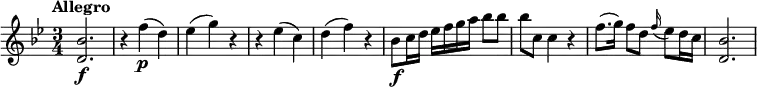 \relative c' {
\version "2.18.2"
\tempo "Allegro"
\key bes \major
\time 3/4
<d bes'>2.\f |
r4 f'(\p d) |
es4( g) r |
r4 es( c) |
d4( f) r |
bes,8\f c16 d es f g a bes8 bes |
bes8 c, c4 r |
f8.( g16) f8 d \appoggiatura f16 es8 d16 c
<d, bes'>2.
}