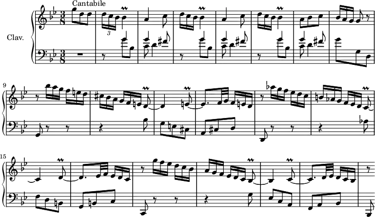 
\version "2.18.2"
\header {
  tagline = ##f
  % composer = "Domenico Scarlatti"
  % opus = "K. 546"
  % meter = "Cantabile"
}

%% les petites notes
trillBes     = { \tag #'print { bes4\prall } \tag #'midi { c32 bes c bes~ bes8 } }
trillDq      = { \tag #'print { d8\prall~ } \tag #'midi { e32 d e d~ } }
trillEq      = { \tag #'print { e8\prall~ } \tag #'midi { f32 e f e~ } }
trillCq      = { \tag #'print { c8\prall~ } \tag #'midi { d32 c d c~ } }
trillBesq    = { \tag #'print { bes8\prall~ } \tag #'midi { c32 bes c bes~ } }

upper = \relative c'' {
  \clef treble 
  \key g \minor
  \time 3/8
  \tempo 4. = 48
  \set Staff.midiInstrument = #"harpsichord"
  \override TupletBracket.bracket-visibility = ##f

      s8*0^\markup{Cantabile}
      g'8 d d | \repeat unfold 2 { \times 2/3 { d16 c bes } \trillBes | a4 c8  \omit TupletNumber } |  
      % ms. 6
      \times 2/3 { d16 c bes } \trillBes | a8 bes c | \times 2/3 { bes16[ a g] } g8 r8 | r8 \times 2/3 { bes'16 a g } \times 2/3 { f16[ e d] } | \times 2/3 { cis16 bes a } \times 2/3 { g16[ f e] } \trillDq
      % ms. 11
      d4 \trillEq | e8. f32 g \times 2/3 { f16[ e d] } | r8 \times 2/3 { aes''16 g f } \times 2/3 { ees16[ d c] } | \times 2/3 { b16 aes g } \times 2/3 { f16[ ees d] } \trillCq | c4 \trillDq |
      % ms. 16
      d8. ees32 f \times 2/3 { ees16[ d c] } | r8 \times 2/3 { g''16 f ees } \times 2/3 { d16[ c bes] } | \times 2/3 { a16 g f } \times 2/3 { ees16[ d c] } \trillBesq | bes4 \trillCq | c8. d32 ees \times 2/3 { d16[ c bes] } |
      % ms. 21
      r8

}

lower = \relative c' {
  \clef bass
  \key g \minor
  \time 3/8
  \set Staff.midiInstrument = #"harpsichord"
  \override TupletBracket.bracket-visibility = ##f

    % ************************************** \appoggiatura \repeat unfold 2 {  } \times 2/3 { }
      R4. | \repeat unfold 3 { << { s8 g'4 g fis8 } \\ { d,8\rest g'8 bes, | c8 d4 } >> }
      % ms. 8
      g8 g, d | g, r8 r8 | r4 bes'8 |
      % ms. 11
      g8 e cis | a cis d | d, r8 r8  | r4 aes''8 | f d b |
      % ms. 16
      g8 b c | c, r8 r8 | r4 g''8 | ees c a | f a bes |
      % ms. 21
      bes,8  

}

thePianoStaff = \new PianoStaff <<
    \set PianoStaff.instrumentName = #"Clav."
    \new Staff = "upper" \upper
    \new Staff = "lower" \lower
  >>

\score {
  \keepWithTag #'print \thePianoStaff
  \layout {
      #(layout-set-staff-size 17)
    \context {
      \Score
     \override SpacingSpanner.common-shortest-duration = #(ly:make-moment 1/2)
      \remove "Metronome_mark_engraver"
    }
  }
}

\score {
  \keepWithTag #'midi \thePianoStaff
  \midi { }
}
