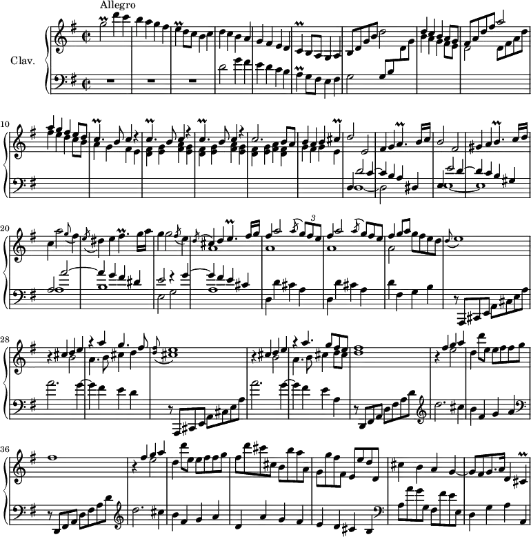 \version "2.18.2"
\header {
tagline = ##f
% composer = "Domenico Scarlatti"
% opus = "K. 522"
% meter = "Allegro"
}
%% les petites notes
trillgbUp = { \tag #'print { g'2\prall } \tag #'midi { a32 g a g~ g4. } }
trillE = { \tag #'print { e4\prall } \tag #'midi { fis32 e fis e~ e8 } }
trillC = { \tag #'print { c4\prall } \tag #'midi { d32 c d c~ c8 } }
trillA = { \tag #'print { a4\prall } \tag #'midi { b32 a b a~ a8 } }
trillCp = { \tag #'print { c4.\prall } \tag #'midi { d32 c d c~ c4 } }
trillAp = { \tag #'print { a4.\prall } \tag #'midi { b32 a b a~ a4 } }
trillBp = { \tag #'print { b4.\prall } \tag #'midi { c32 b c b~ b4 } }
trillCis = { \tag #'print { cis4\prall } \tag #'midi { d32 cis d cis~ cis8 } }
trillEp = { \tag #'print { e4.\prall } \tag #'midi { fis32 e fis e~ e4 } }
trillFisp = { \tag #'print { fis4.\prall } \tag #'midi { g32 fis g fis~ fis4 } }
upper = \relative c'' {
\clef treble
\key g \major
\time 2/2
\tempo 2 = 72
s8*0^\markup{Allegro}
\trillgbUp d'4 c b a g fis | \trillE d8 c b4 c | d c b a | g fis e d |
% ms. 6
\trillC b8 a g4 a | b8 d g b d2 | \stemUp d4 c b a8 g | fis a d fis a2 | a4 g fis e8 d |
% ms. 11
\repeat unfold 3 { \trillCp b8 c4 r4 } | c2. b8 a | b4 a b \trillCis |
% ms. 16
d2 e, | fis4 g \trillAp b16 c | b2 fis | gis4 a \trillBp c16 d \stemNeutral | c4 a'2 \appoggiatura g8 fis4 |
% ms. 21
\acciaccatura e8 dis4 e \trillFisp g16 a | g4 g2 \acciaccatura fis8 e4 |
<< { \acciaccatura d8 \stemUp cis4 d \trillEp fis16 g | \repeat unfold 2 { fis4 a2 \acciaccatura a8 \times 2/3 { g8 fis e } \omit TupletNumber } }
\\ { a,1 a a } >>
% ms. 26
<< { fis'4 g8 a } \\ { a,2 } >> g'8 fis e d | \appoggiatura d8 e1 | r4
<< { cis4 d e r4 a4 g4. fis8 }
\\ { s4 b,2 | a4. b8 cis4 d } >>
% ms. 30
\appoggiatura < d fis >8 < cis e >1 |
r4 << { cis4 d e r4 a4. g8 fis e }
\\ { s4 b2 | a4. b8 cis4 d8 cis } >> | < d fis >1
% ms. 34
r4 << { fis4 g a } \\ { s4 e2 } >> | d4 d'8 e, e fis fis g | fis1 | r4 << { fis4 g a } \\ { s4 e2 } >> | d4 d'8 e, e fis fis g |
% ms. 39
fis8 d' cis cis, b b' a a, | g g' fis fis, e e' d d, | cis'4 b a g~ | g8 fis g8. a16 d,4 \trillCis
}
lower = \relative c' {
\clef bass
\key g \major
\time 2/2
% ************************************** \appoggiatura a16 \repeat unfold 2 { } \times 2/3 { } \omit TupletNumber
R1*3 | d2 g4 fis | e d c b |
% ms. 6
\trillA g8 fis e4 fis | g2 g8 b \stemDown \change Staff = "upper" d g | b4 a g fis8 e | d2 d8 fis a d | fis4 e d c8 b |
% ms. 11
a4 g fis e | \repeat unfold 2 { < d fis > < e g > < fis a > < e g > } | < d fis > < e g > < fis a > < d fis > | g fis g e \stemNeutral \change Staff = "lower" |
% ms. 16
<< { d,4 d'2 c4 ~ | c b a dis, | e4 e'2 d4~ | d c b gis | a2 a'2~ | a4 g fis dis }
\\ { d,1~ | d2 s2 | e1~ | e | a1 | b } >>
% ms. 22
<< { e2 r4 g4~ | g fis e cis } \\ { e,2 g | a1 } >> | \repeat unfold 2 { d,4 d' cis a }
% ms. 26
d4 fis, g b | r8 a,,8 cis e a cis e a | a'2. g4~ | g fis e d |
% ms. 30
r8 a,,8 cis e a cis e a | a'2. g4~ | g fis e a, | \repeat unfold 2 { \clef bass r8 d,,8 fis a d fis a d \clef treble |
% ms. 34
d'2. cis4 | b fis g a } |
% ms. 39
d,4 a' g fis | e d cis b \clef bass | a8 a' g g, fis fis' e e, | d4 g a a, |
}
thePianoStaff = \new PianoStaff <<
\set PianoStaff.instrumentName = #"Clav."
\new Staff = "upper" \upper
\new Staff = "lower" \lower
>>
\score {
\keepWithTag #'print \thePianoStaff
\layout {
#(layout-set-staff-size 17)
\context {
\Score
\override TupletBracket.bracket-visibility = ##f
\override SpacingSpanner.common-shortest-duration = #(ly:make-moment 1/2)
\remove "Metronome_mark_engraver"
}
}
}
\score {
\keepWithTag #'midi \thePianoStaff
\midi { \set Staff.midiInstrument = #"harpsichord" }
}
