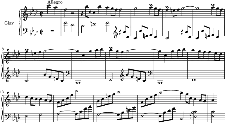 \version "2.18.2"
\header {
tagline = ##f
% composer = "Domenico Scarlatti"
% opus = "K. 364"
% meter = "Allegro"
}
%% les petites notes
trillAes = { \tag #'print { aes4\prall } \tag #'midi { bes32 aes bes aes~ aes8 } }
trillF = { \tag #'print { f4\prall } \tag #'midi { g32 f g f~ f8 } }
upper = \relative c'' {
\clef treble
\key f \minor
\time 2/2
\tempo 2 = 84
\set Staff.midiInstrument = #"harpsichord"
\override TupletBracket.bracket-visibility = ##f
s8*0^\markup{Allegro}
c'2 aes | f r2 | r4 bes8 des, c4 bes'4 | aes g8 f f2 |
% ms. 5
\repeat unfold 2 { g2 \trillAes g8 f | \trillF e8 f g2~ } |
% ms. 9
g4 c, g' aes8 bes | \trillAes g8 f g2~ | g4 c, g' aes8 bes | aes4 g8 f f4 ees8 des |
% ms. 13
des4 c8 bes bes4 aes8 g | f aes c f c'2 | g,8 bes e g bes2 | f,8 bes des f aes2~ |
% ms. 17
aes4 g8 c, bes4 aes8 g | aes4
% ms. 21
% ms. 25
}
lower = \relative c' {
\clef bass
\key f \minor
\time 2/2
\set Staff.midiInstrument = #"harpsichord"
\override TupletBracket.bracket-visibility = ##f
% ************************************** \appoggiatura a16 \repeat unfold 2 { } \times 2/3 { } \omit TupletNumber
R1 | f2 des | c e | f \repeat unfold 2 { \clef treble r4 bes8 des, |
% ms. 5
c4 c'8 e, f4 des | c2 } bes'8 g e c | \clef bass
% ms. 9
c,,1 | f2 \clef treble bes''8 g e c | \clef bass c,,1 | f
% ms. 13
f'2 g | aes2~ aes8 c f aes | g,2~ g8 bes e g | f,2~ f8 bes des f |
% ms. 17
c,2 < e bes' c >2 | < f c' >
% ms. 21
% ms. 25
}
thePianoStaff = \new PianoStaff <<
\set PianoStaff.instrumentName = #"Clav."
\new Staff = "upper" \upper
\new Staff = "lower" \lower
>>
\score {
\keepWithTag #'print \thePianoStaff
\layout {
#(layout-set-staff-size 17)
\context {
\Score
\override SpacingSpanner.common-shortest-duration = #(ly:make-moment 1/2)
\remove "Metronome_mark_engraver"
}
}
}
\score {
\keepWithTag #'midi \thePianoStaff
\midi { }
}