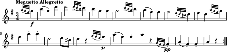 \relative c'' {
\version "2.18.2"
\key g \major
\tempo "Menuetto Allegretto"
\time 3/4
\tempo 4 = 120
\partial4 \grace {a'32 (g fis} g4) \f
b (g) d'
d2 \grace {d32 (c b} c4)
b g g
g2 \grace {c32 (b a} b4)
a (fis) fis
fis2 \grace {e32 (d cis} d4)
e d \grace {a'32 (g fis} g4)
fis b-. b-.
d,2 e8 cis
d4 r \grace {g32 ( fis e} fis4) \p
a (fis) fis-.
a r \grace {g,32 ( fis e} fis4) \pp
a (fis) fis-.
a r \bar ":|."
}