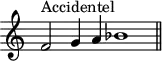 \version "2.14.2"
\header {
tagline = ##f
}
\score {
\new Staff \with {
\remove "Time_signature_engraver"
}
\relative c' {
\key c \major
\time 9/1
\tempo 2 = 80
\clef treble
\set Score.currentBarNumber = #30
\override Rest #'style = #'classical
f2^\markup{Accidentel} g4 a bes1
\bar "||"
}
\layout {
\context {
\Score
\remove "Metronome_mark_engraver"
}
}
\midi {}
}