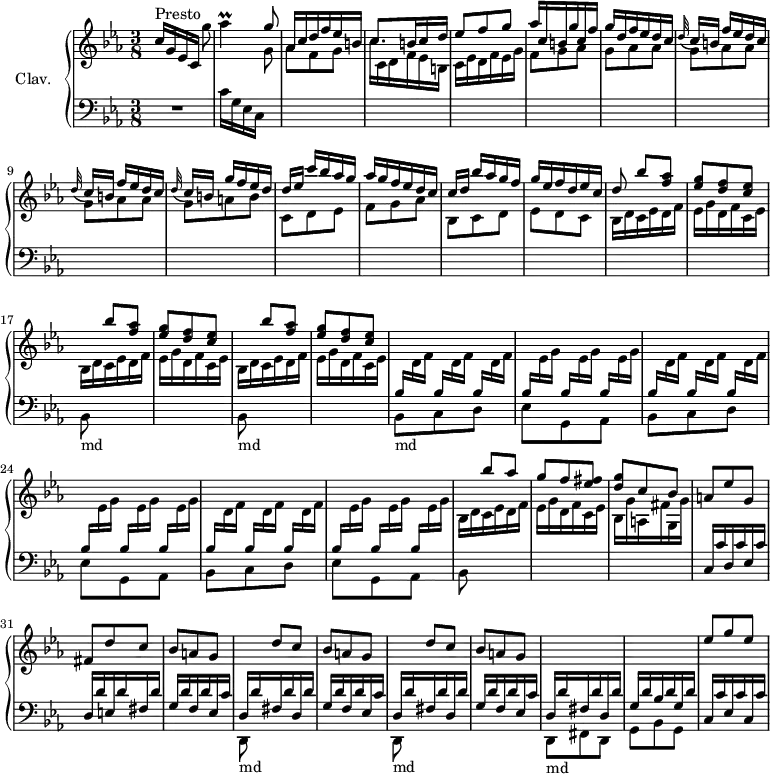 
\version "2.18.2"
\header {
  tagline = ##f
  % composer = "Domenico Scarlatti"
  % opus = "K. 48"
  % meter = "Presto"
}

%% les petites notes
trillAes     = { \tag #'print { aes4\prall } \tag #'midi { bes32 aes bes aes~ aes8 } }

upper = \relative c'' {
  \clef treble 
  \key c \minor
  \time 3/8
  \tempo 4. = 66 % tempo Ross
  \set Staff.midiInstrument = #"harpsichord"
  \override TupletBracket.bracket-visibility = ##f

      s8*0^\markup{Presto}
      c16[ g ees c] g''8 | \trillAes \stemUp g8 | aes,16 c d f ees b | \mergeDifferentlyDottedOn c8. b16 c d | ees8 f g |
      % ms. 6
      aes16 c, b g' c, f | g d f ees d c | \repeat unfold 2 { \appoggiatura d32 c16[ b] f' ees d c } | \appoggiatura d32 c16[ b] g' f ees d | d[ ees] c' bes aes g |
      % ms. 12
      aes g f ees d c | c[ d] bes' aes g f | g ees f d ees c | d8 \repeat unfold 3 { bes'[ < f aes >] | < ees g > < d f > < c ees > | 
      % ms. 18
         % < ees g >8 < d f > < c ees > | 
      \stemDown  \change Staff = "lower" bes,,8_\markup{md}  \stemUp \change Staff = "upper" } | \stemDown  \change Staff = "lower"
      % ms. 21 suite croisé vers le grave…
      \repeat unfold 3 { c8 d | ees g, aes | bes } | \stemUp \change Staff = "upper" bes'''[ aes]
      % ms. 28
      g8 f < ees fis > | < d g > c bes | a ees' g, | fis d' c | bes a g | \repeat unfold 2 { \stemDown  \change Staff = "lower" d,,8_\markup{md} \stemUp \change Staff = "upper"  d'''[ c] 
      % ms. 34
      bes8 a g } | \stemDown  \change Staff = "lower" d,,8_\markup{md} fis d | g bes g | \stemUp \change Staff = "upper" ees''' g ees |

}

lower = \relative c' {
  \clef bass
  \key c \minor
  \time 3/8
  \set Staff.midiInstrument = #"harpsichord"
  \override TupletBracket.bracket-visibility = ##f

    % ************************************** \appoggiatura a16  \repeat unfold 2 {  } \times 2/3 { }   \omit TupletNumber 
      R4. | c16[ g ees c] \stemDown \change Staff = "upper" g''8 | aes8 f g | c16 c, d f ees b | c ees d f ees g |
      % ms. 6
      f8 g aes | \repeat unfold 3 { g aes aes } | g a b | c, d ees |
      % ms. 12
      f8 g aes | bes, c d | ees d c | \repeat unfold 3 { bes16 d c ees d f | ees g d f c ees } \omit TupletNumber 
      % ms. 21
      \repeat unfold 3 { \repeat unfold 3 { \times 2/3 {  \stemUp  \change Staff = "lower" bes16[ \stemDown \change Staff = "upper" d f] } } | \repeat unfold 3 {  \stemUp  \change Staff = "lower" \times 2/3 { bes,16[ \stemDown \change Staff = "upper" ees g] } } } | 
      % ms. 27
      bes,16 d c ees d f | ees g d f c ees | bes g' a, fis' g, g' |  \stemUp  \change Staff = "lower"  c,,16 c' d, c' ees, c' | d, d' e, d' fis, d' | g, d' f, d' ees, c' | \repeat unfold 2 { d,16 d' fis, d' d, d' |
      % ms. 34
      g,16 d' f, d' ees, c' } | d,16 d' fis, d' d, d' | g, d' bes d g, d' | c, c' ees, c' c, c' 
      % ms. 40
      

}

thePianoStaff = \new PianoStaff <<
    \set PianoStaff.instrumentName = #"Clav."
    \new Staff = "upper" \upper
    \new Staff = "lower" \lower
  >>

\score {
  \keepWithTag #'print \thePianoStaff
  \layout {
      #(layout-set-staff-size 17)
    \context {
      \Score
     \override SpacingSpanner.common-shortest-duration = #(ly:make-moment 1/2)
      \remove "Metronome_mark_engraver"
    }
  }
}

\score {
  \keepWithTag #'midi \thePianoStaff
  \midi { }
}
