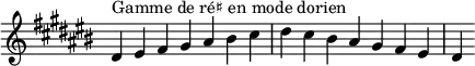 {
\override Score.TimeSignature #'stencil = ##f
\relative c' {
\key dis \dorian
\clef treble \time 7/4
dis4^\markup { Gamme de ré♯ en mode dorien } eis fis gis ais bis cis dis cis bis ais gis fis eis dis
} }