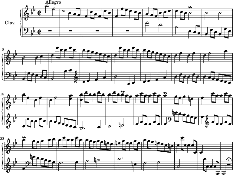 \version "2.18.2"
\header {
tagline = ##f
% composer = "Domenico Scarlatti"
% opus = "K. 360"
% meter = "Allegro"
}
%% les petites notes
trillBesb = { \tag #'print { bes2\prall } \tag #'midi { c32 bes c bes~ bes8~ bes4 } }
trillBes = { \tag #'print { bes4\prall } \tag #'midi { c32 bes c bes~ bes8 } }
trillA = { \tag #'print { a4\prall } \tag #'midi { bes32 a bes a~ a8 } }
upper = \relative c'' {
\clef treble
\key bes \major
\time 2/2
\tempo 2 = 72
\set Staff.midiInstrument = #"harpsichord"
\override TupletBracket.bracket-visibility = ##f
s8*0^\markup{Allegro}
bes'2 f | d bes4 a8 g | f4 c'8 a f4 d'8 bes | f4 f'8 ees d4 c8 bes |
% ms. 5
a4 g8 f bes4 c8 d | d4 c8 bes \trillBesb | bes2 bes | bes bes4 c |
% ms. 9
\repeat unfold 2 { d4 \repeat unfold 2 { d'8 bes bes4 } a8 g f ees d c } |
% ms. 13
d4 f d f | d f2 a4 | bes f d f | d f2 < ees a >4
% ms. 17
< d bes' >4 \repeat unfold 2 { d'8 bes bes4 } d8 bes \trillBes a8 g | \repeat unfold 2 { a4 c8 a } \trillA g8 f g4 e |
% ms. 21
f4 c'8 a a4 c8 a | \trillA g8 f g4 a8 bes | \repeat unfold 2 { a4 c8 a } | a4 g8 f g f e d |
% ms. 25
\repeat unfold 2 { e4 g8 e } | a4 g8 f e d c b | c4 c'8 c, c4 c8 c, | c4 s2. | s1
}
lower = \relative c' {
\clef bass
\key bes \major
\time 2/2
\set Staff.midiInstrument = #"harpsichord"
\override TupletBracket.bracket-visibility = ##f
% ************************************** \appoggiatura a16 \repeat unfold 2 { } \times 2/3 { } \omit TupletNumber
R1*4 |
% ms. 5
f2 d | bes ees,4 d8 c | bes4 f'8 d bes4 g'8 ees | bes4 g'8 f ees4 d8 c |
% ms. 9
bes2 bes'4 c | \clef treble d ees f a | bes2 bes,4 c d ees f a |
% ms. 13
\repeat unfold 2 { bes4 d8 bes } | bes4 a8 g f ees d c | d4 \repeat unfold 2 { d'8 bes bes4 } a8 g f ees d c |
% ms. 17
bes2. c4 | d2 e | \repeat unfold 2 { f4 a8 f } f4 \clef bass e8 d c bes a g |
% ms. 21
a4 \clef treble \repeat unfold 2 { a'8 f f4 } \clef bass e8 d c bes a g | f2. g4 | a2 b |
% ms. 25
c2. e,4 | f2 g | c, s2 | s4 c'8 c, c4 c8 c, | c2 r2\fermata
}
thePianoStaff = \new PianoStaff <<
\set PianoStaff.instrumentName = #"Clav."
\new Staff = "upper" \upper
\new Staff = "lower" \lower
>>
\score {
\keepWithTag #'print \thePianoStaff
\layout {
#(layout-set-staff-size 17)
\context {
\Score
\override SpacingSpanner.common-shortest-duration = #(ly:make-moment 1/2)
\remove "Metronome_mark_engraver"
}
}
}
\score {
\keepWithTag #'midi \thePianoStaff
\midi { }
}