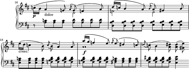 \version "2.18.2"
\header {
tagline = ##f
}
upper = \relative c'' {
\clef treble
\key d \major
\time 4/4
\tempo 4 = 110
\tempo "Presto"
\omit Staff.TimeSignature
\set Score.currentBarNumber = #16
\bar "||"
c!16\p( b a4-"dolce" g!8)
<< { \acciaccatura a8 g8^( f!4 a8) \stemUp d16( c! b4 a8) \acciaccatura b8 a8 gis4 b8 } \\ { d,2 f! e } >>
e'16-"cresc."( d c!4 b8) \acciaccatura c8 b8( a4) a8
<< { a'16( g f!4 e8) \acciaccatura f8 e8( dis4 c!8) } \\ { a1\f } >>
\acciaccatura d!8 c!8( b4 < dis a >8) q( < e gis, >)
}
lower = \relative c {
\clef bass
\key d \major
\time 4/4
\omit Staff.TimeSignature
r8 < c' a >8 q q < a d > q q q < b a d, > q q q < b a e > q q q
< c a e >8 q q q < d b a f > q q q q q q q < c a fis > q q q < dis b a fis > q q q < e b e, >4
}
\score {
\new PianoStaff <<
\set PianoStaff.instrumentName = #""
\new Staff = "upper" \upper
\new Staff = "lower" \lower
>>
\layout {
\context {
\Score
\remove "Metronome_mark_engraver"
}
}
\midi { \set Staff.midiInstrument = #"harpsichord" }
}